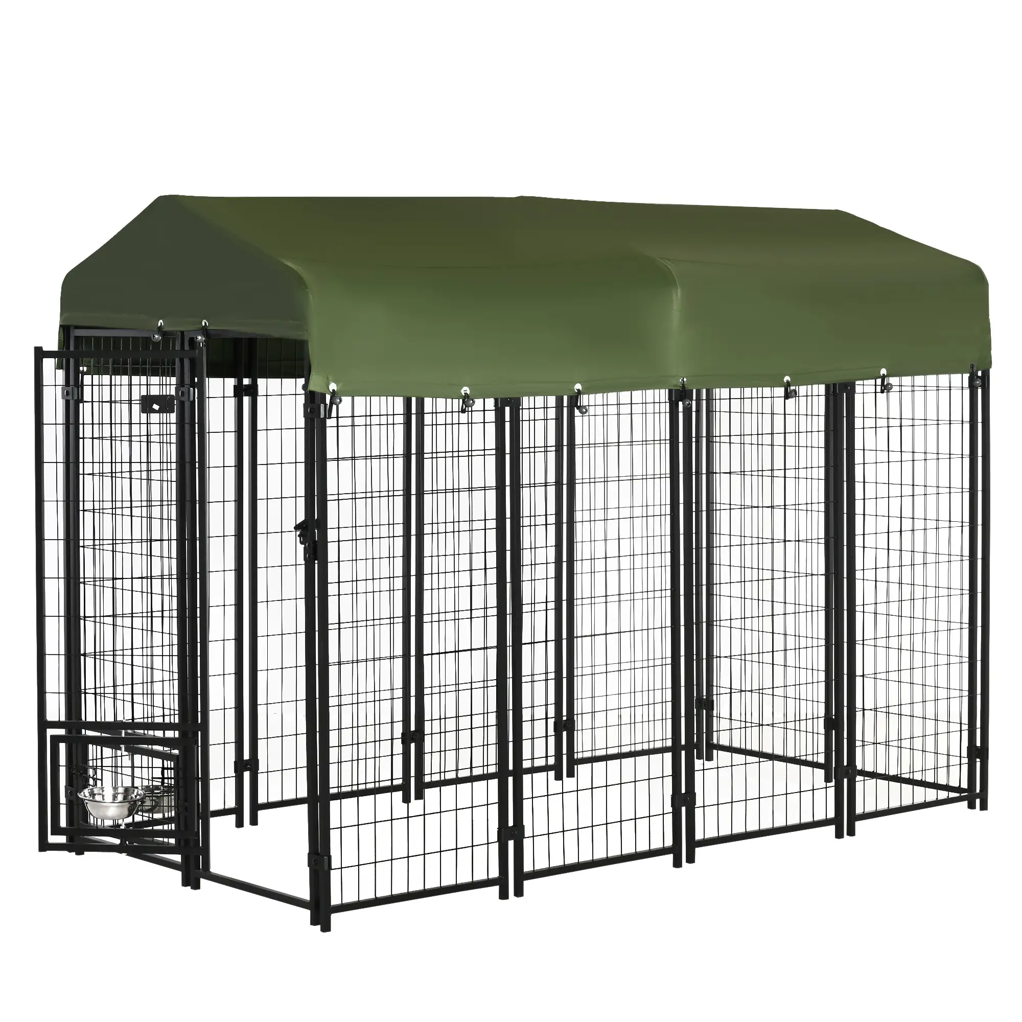 Outdoor Dog Kennel, Lockable Pet Playpen, Welded Steel Fence, Rotating Bowl, Green
