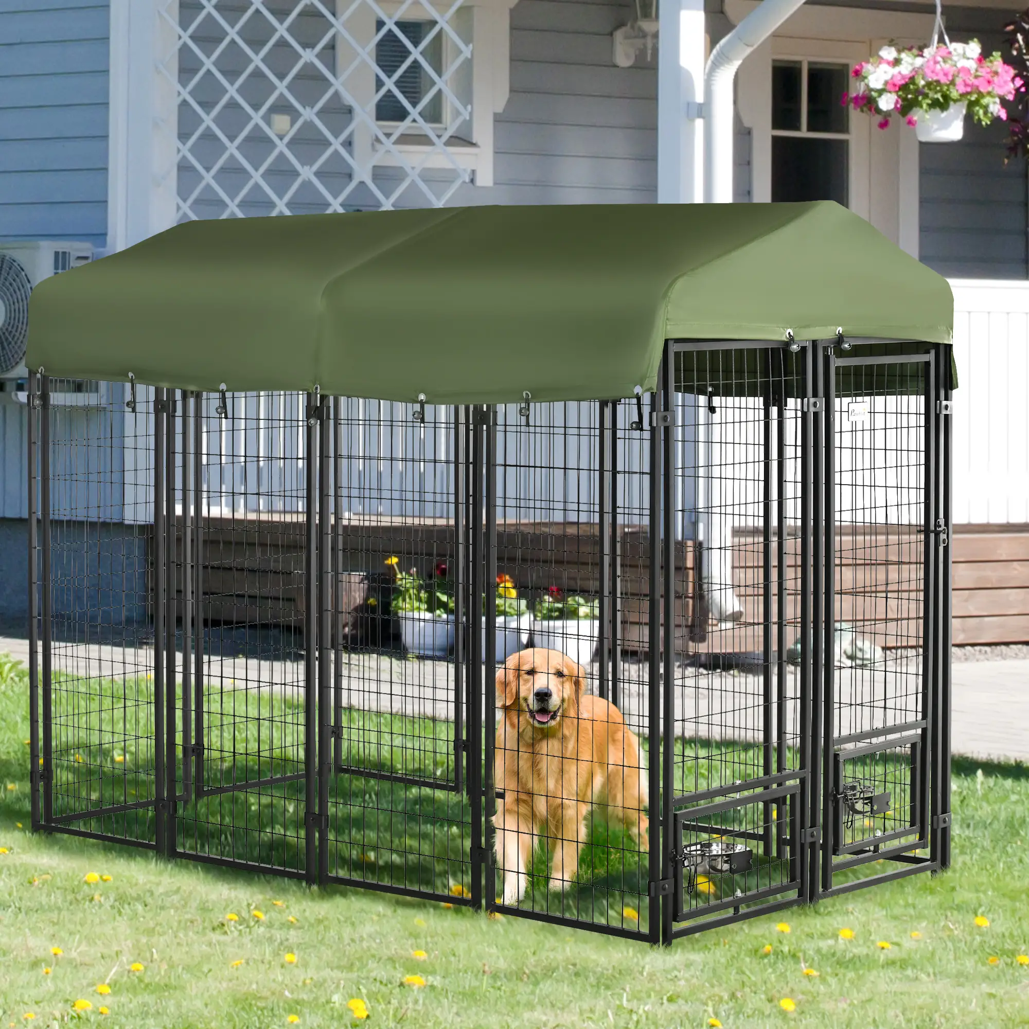 Outdoor Dog Kennel, Lockable Pet Playpen, Welded Steel Fence, Rotating Bowl, Green - Image 2