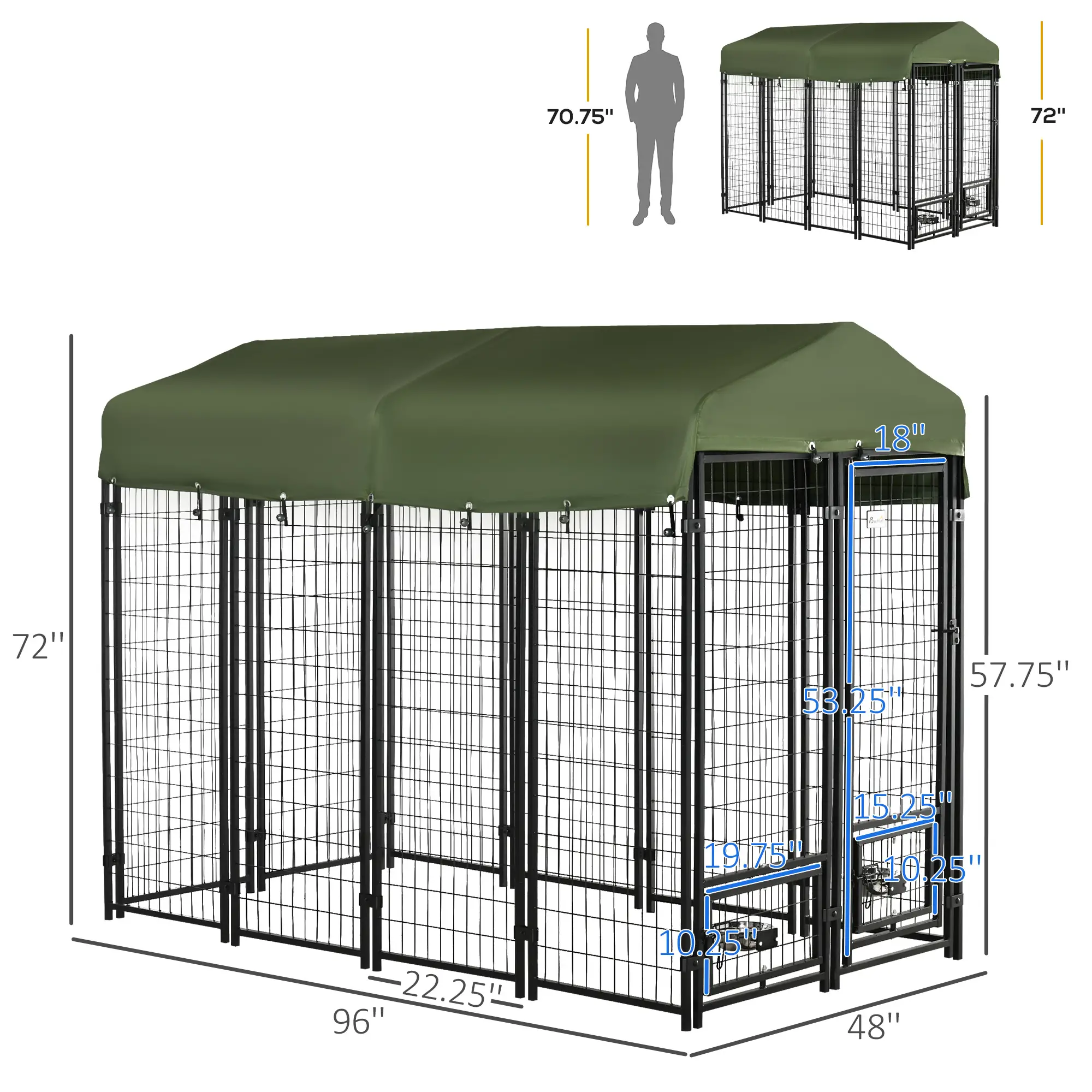 Outdoor Dog Kennel, Lockable Pet Playpen, Welded Steel Fence, Rotating Bowl, Green - Image 3