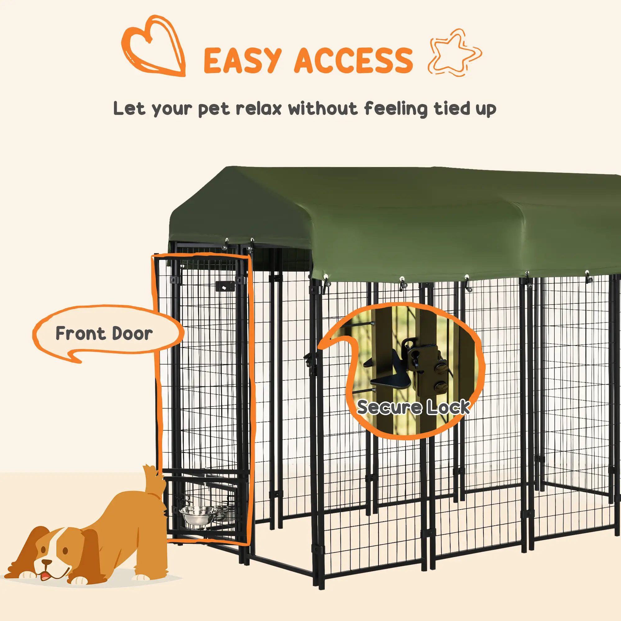 Outdoor Dog Kennel, Lockable Pet Playpen, Welded Steel Fence, Rotating Bowl, Green - Image 6