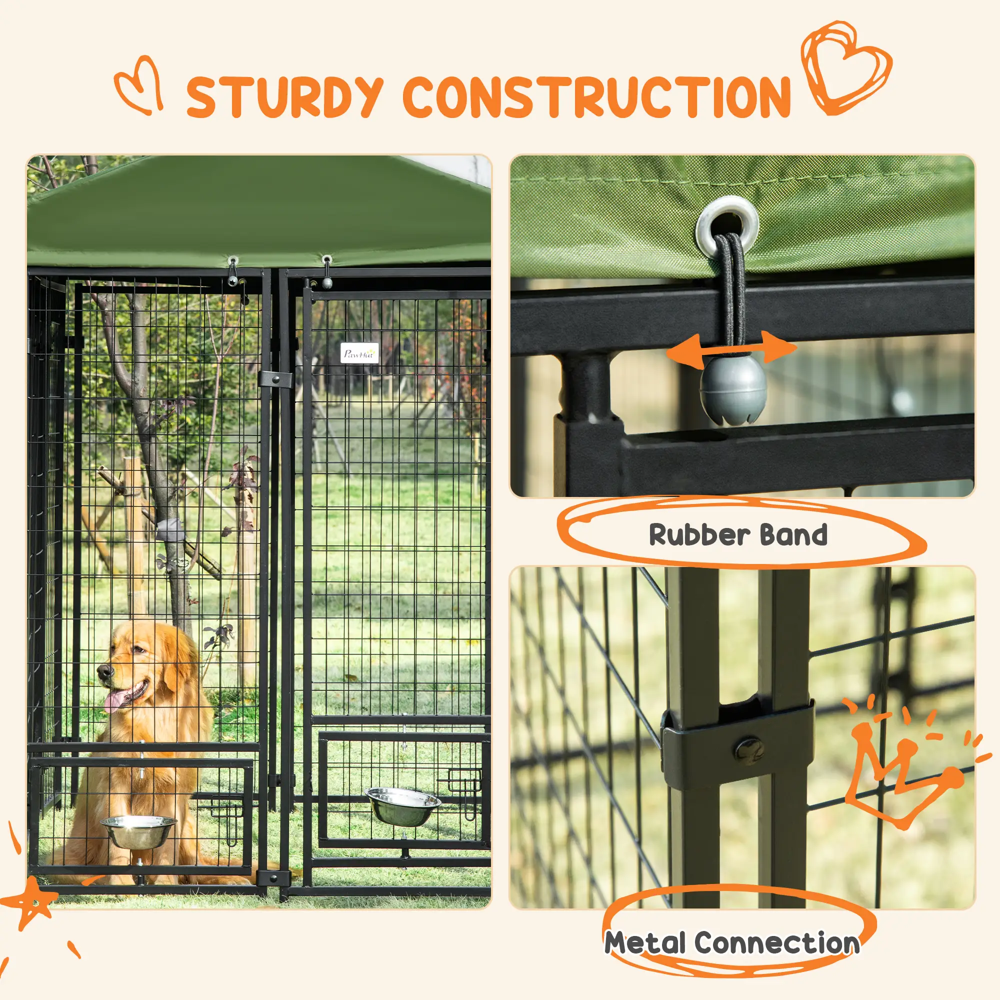 Outdoor Dog Kennel, Lockable Pet Playpen, Welded Steel Fence, Rotating Bowl, Green - Image 7