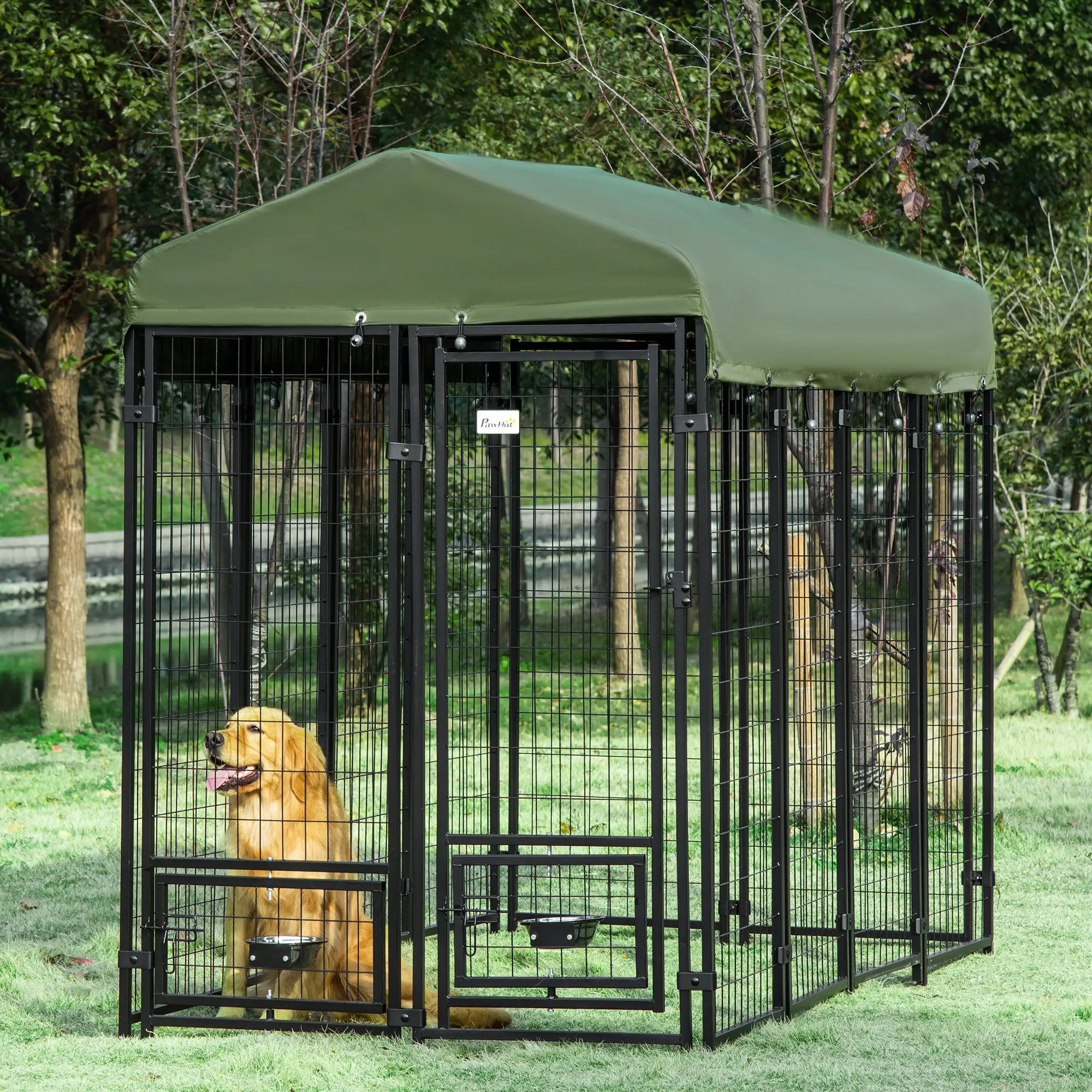 Outdoor Dog Kennel, Lockable Pet Playpen, Welded Steel Fence, Rotating Bowl, Green - Image 8
