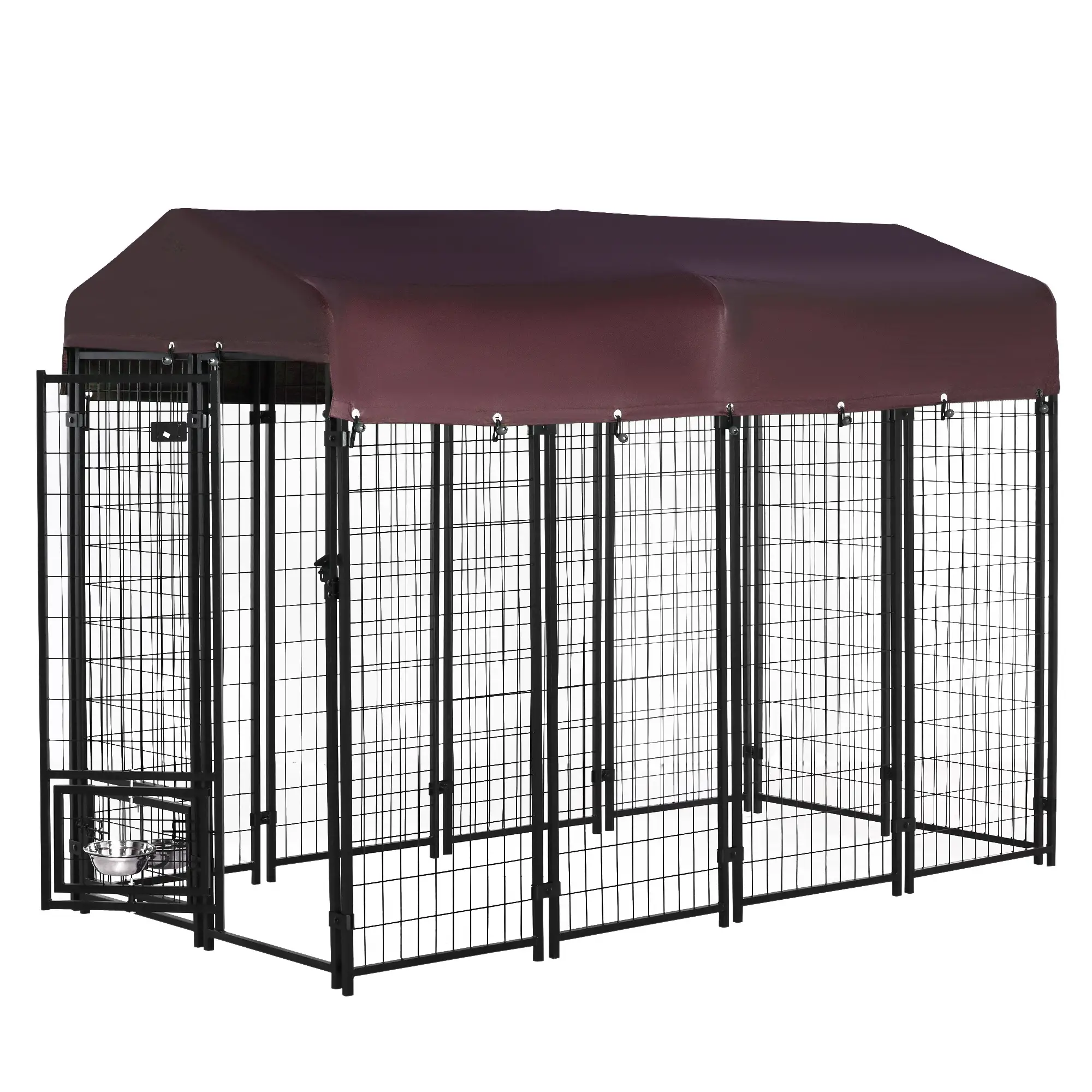 Outdoor Dog Kennel, Lockable Pet Playpen, Welded Steel Fence, Rotating Bowl, Red - Image 11