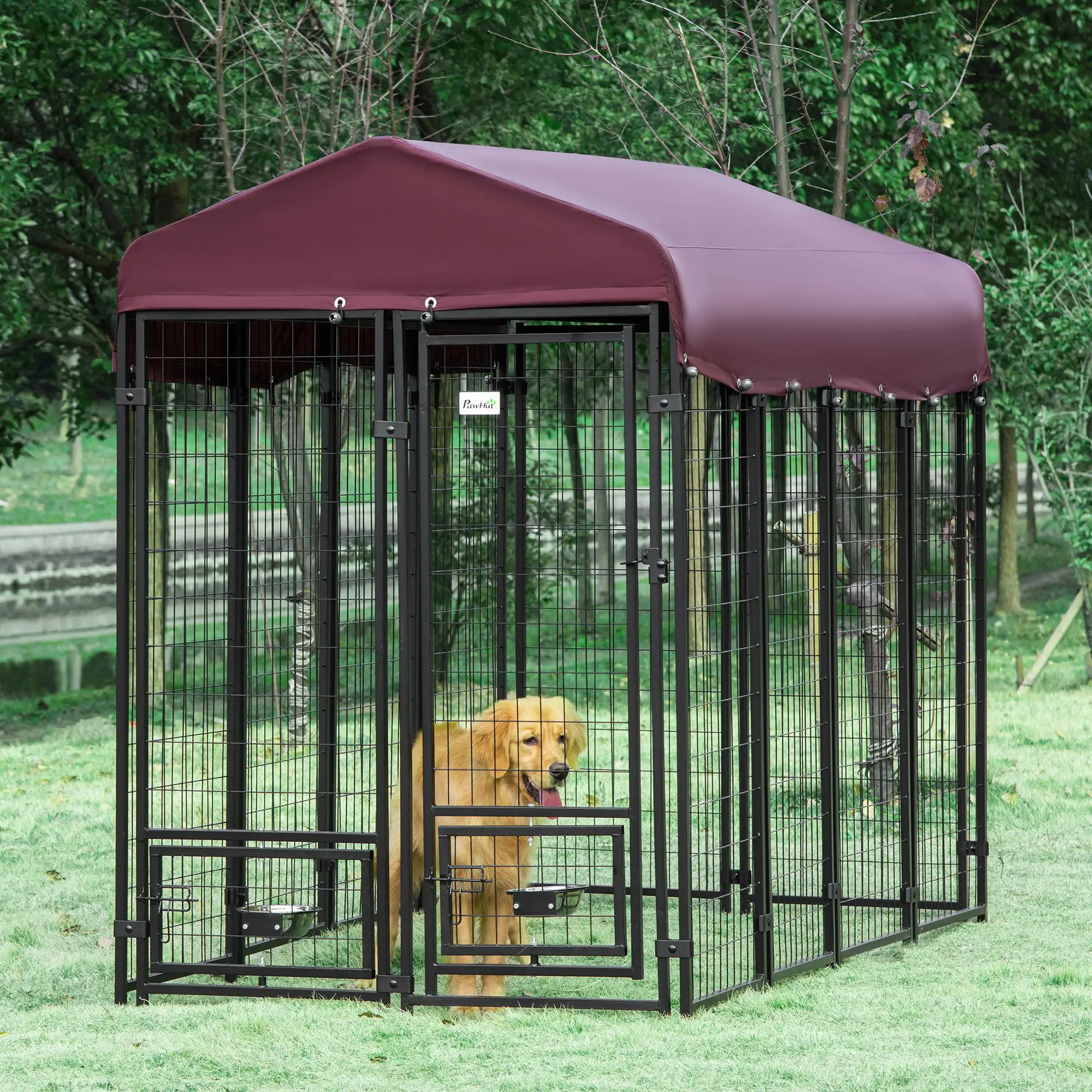 Outdoor Dog Kennel, Lockable Pet Playpen, Welded Steel Fence, Rotating Bowl, Red - Image 2