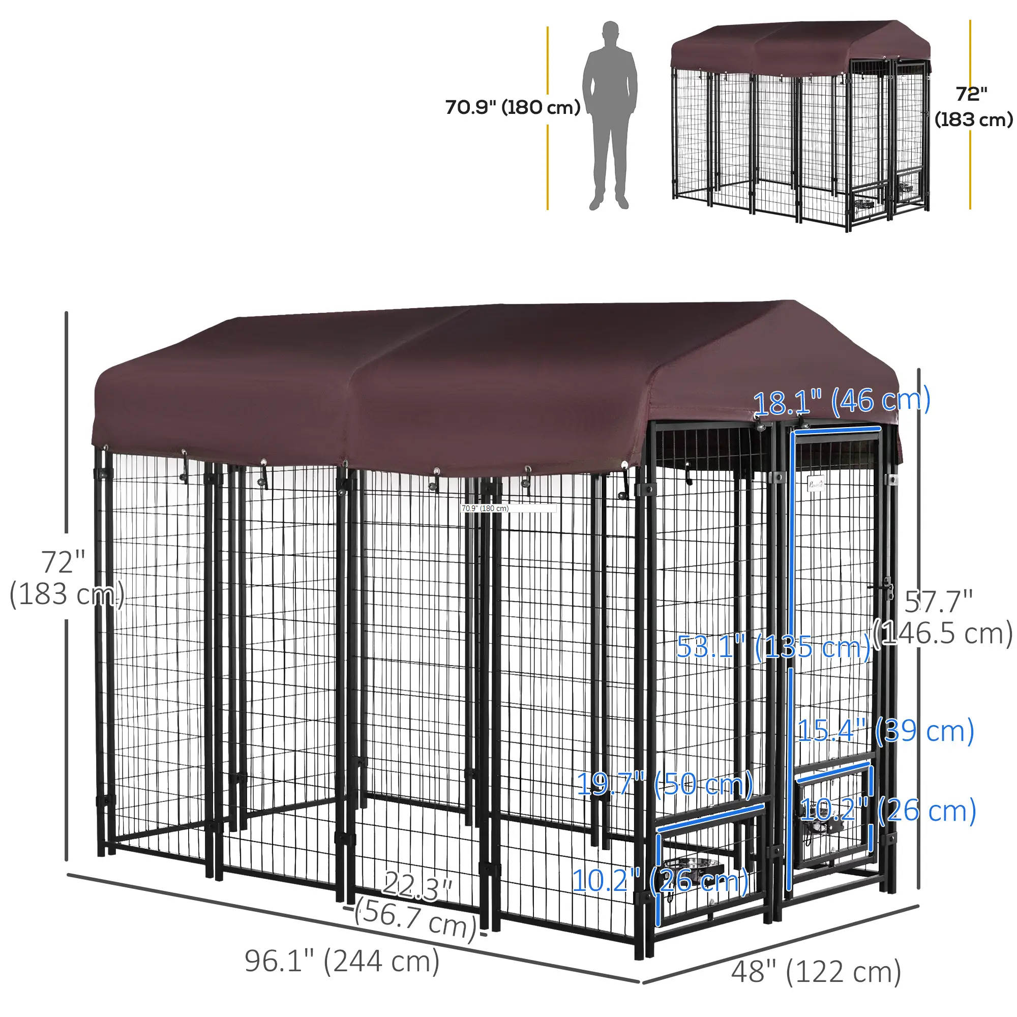 Outdoor Dog Kennel, Lockable Pet Playpen, Welded Steel Fence, Rotating Bowl, Red - Image 3
