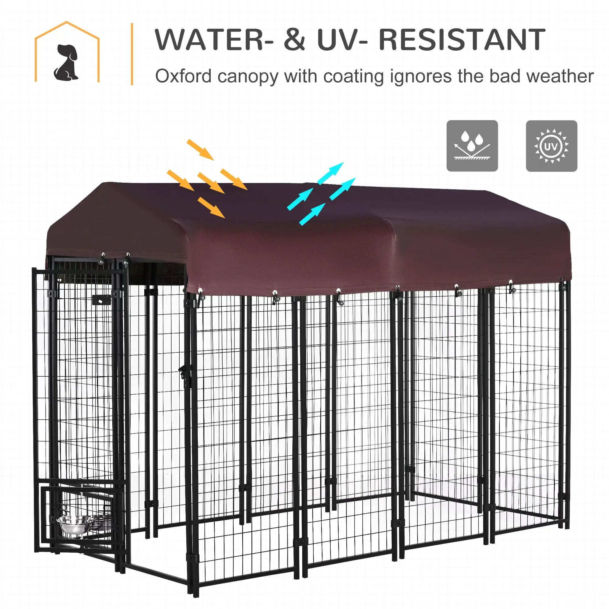 Outdoor Dog Kennel, Lockable Pet Playpen, Welded Steel Fence, Rotating Bowl, Red - Image 4