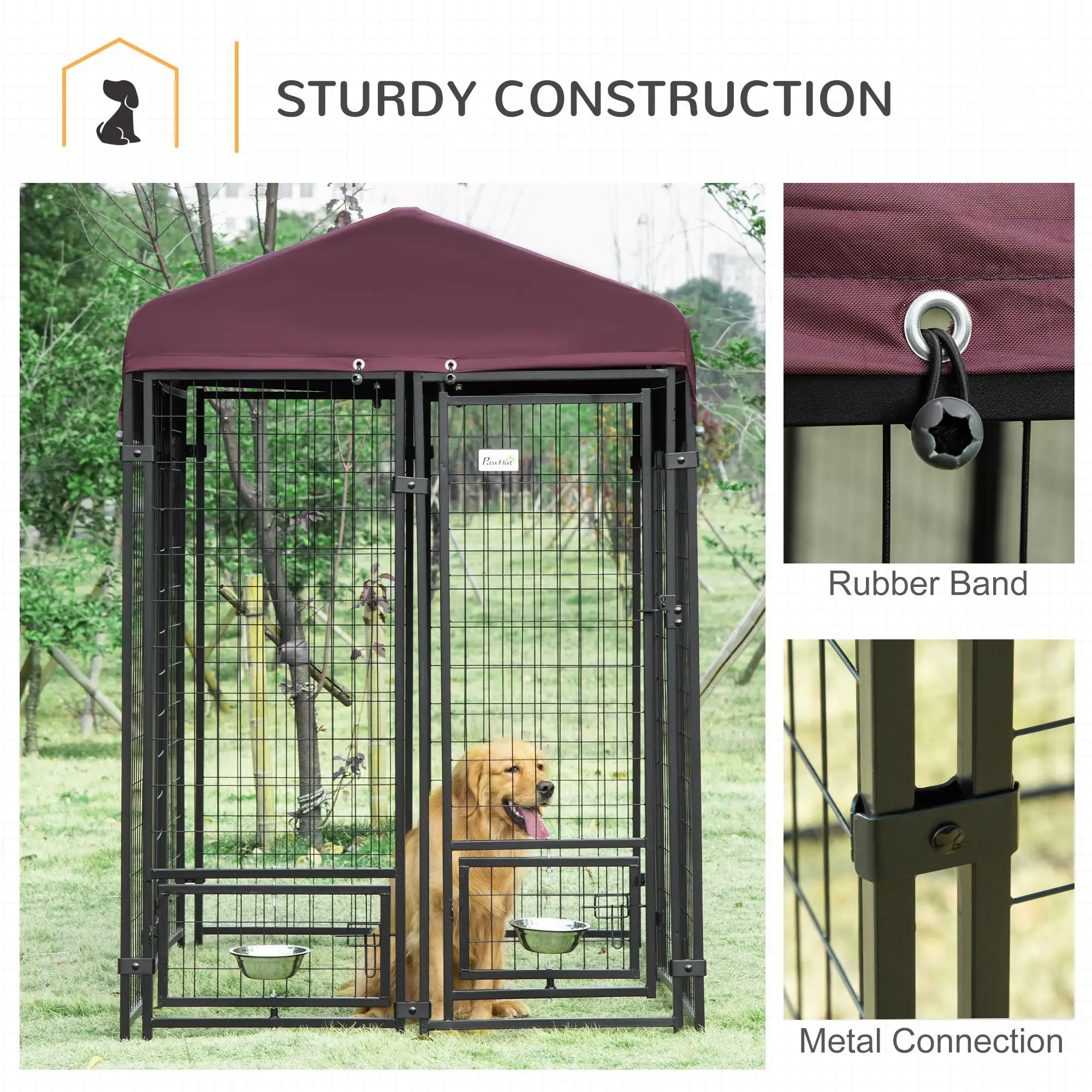Outdoor Dog Kennel, Lockable Pet Playpen, Welded Steel Fence, Rotating Bowl, Red - Image 7
