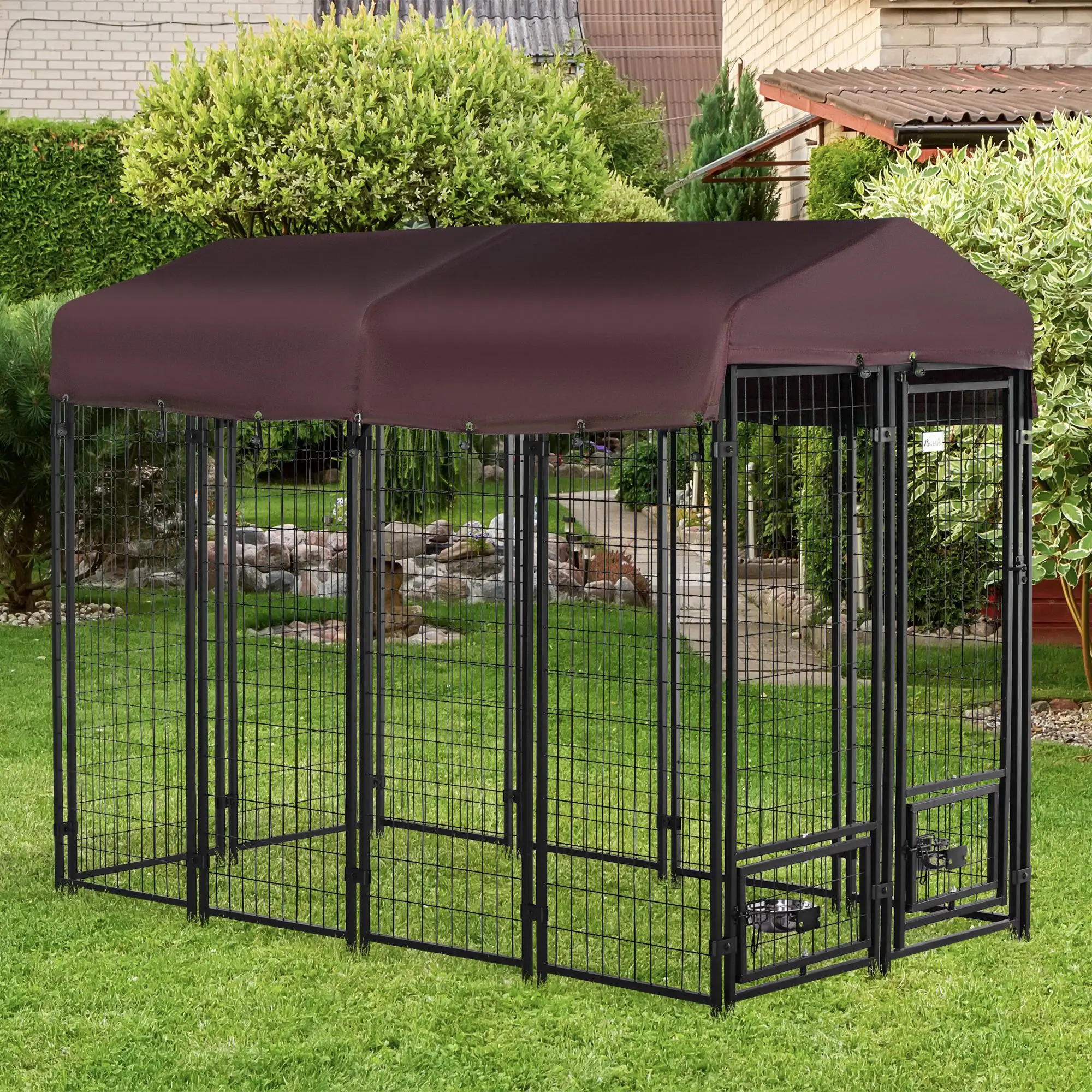 Outdoor Dog Kennel, Lockable Pet Playpen, Welded Steel Fence, Rotating Bowl, Red - Image 8