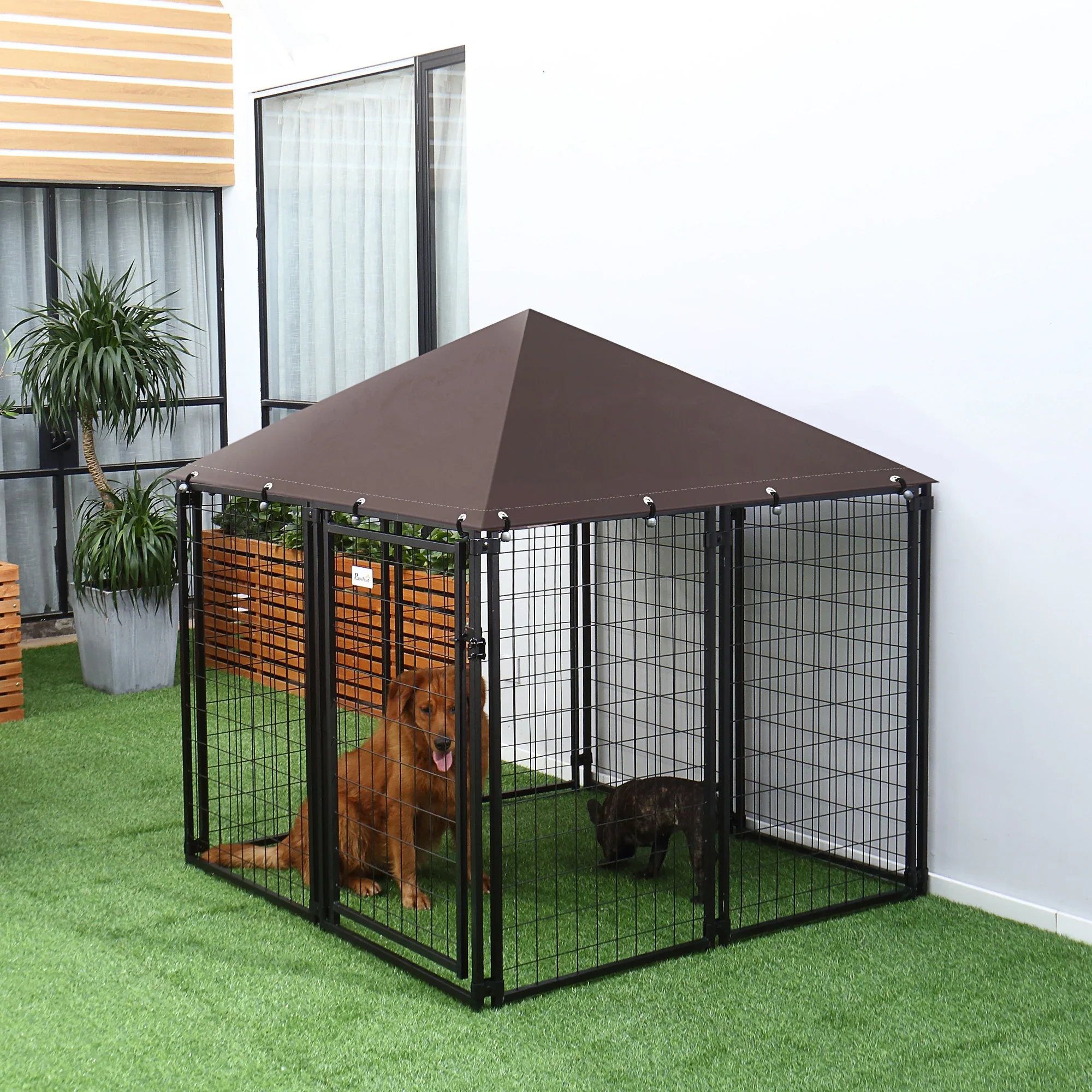 Outdoor Dog Kennel, Steel Fence, Lockable Playpen, UV-Resistant Canopy, 4.6ft x 4.6ft x 5ft, Black - Image 2