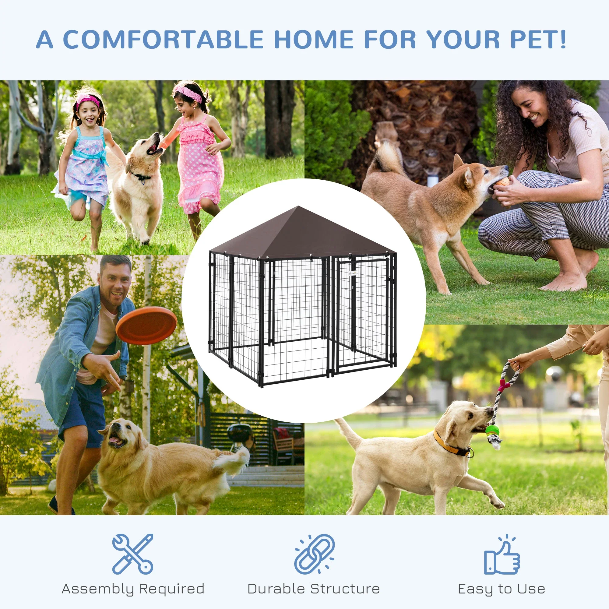 Outdoor Dog Kennel, Steel Fence, Lockable Playpen, UV-Resistant Canopy, 4.6ft x 4.6ft x 5ft, Black - Image 7