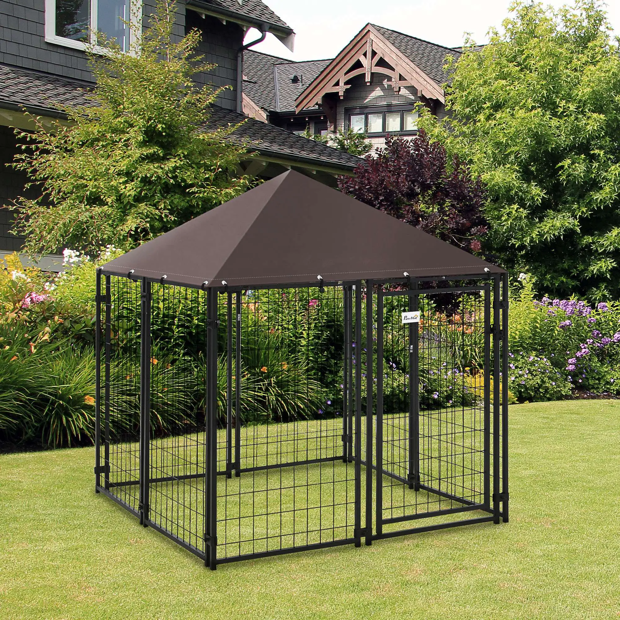Outdoor Dog Kennel, Steel Fence, Lockable Playpen, UV-Resistant Canopy, 4.6ft x 4.6ft x 5ft, Black - Image 8