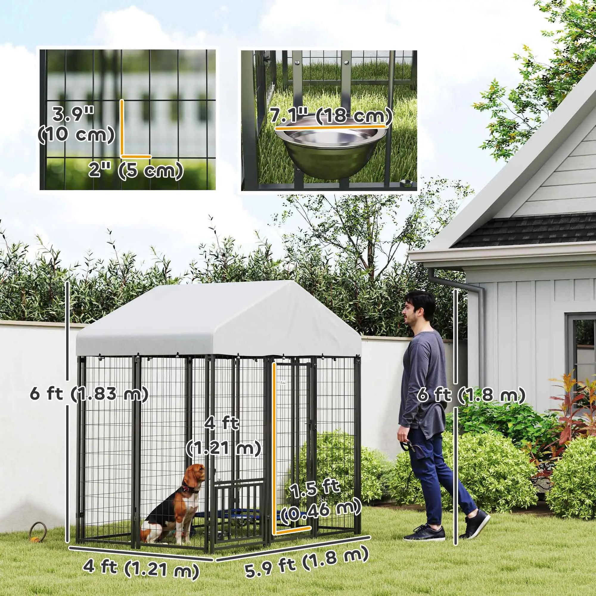 Outdoor Dog Kennel, Waterproof UV-Resistant Cover, Adjustable Feeding Bowls, 5.9 x 4 x 6 ft - Image 3