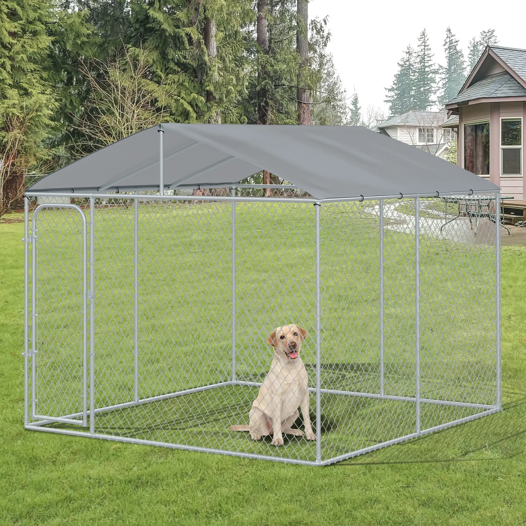 Outdoor Dog Kennel With Roof, Steel Lock, Mesh Sidewalls, 9.8' x 9.8' x 7.7' - Image 2