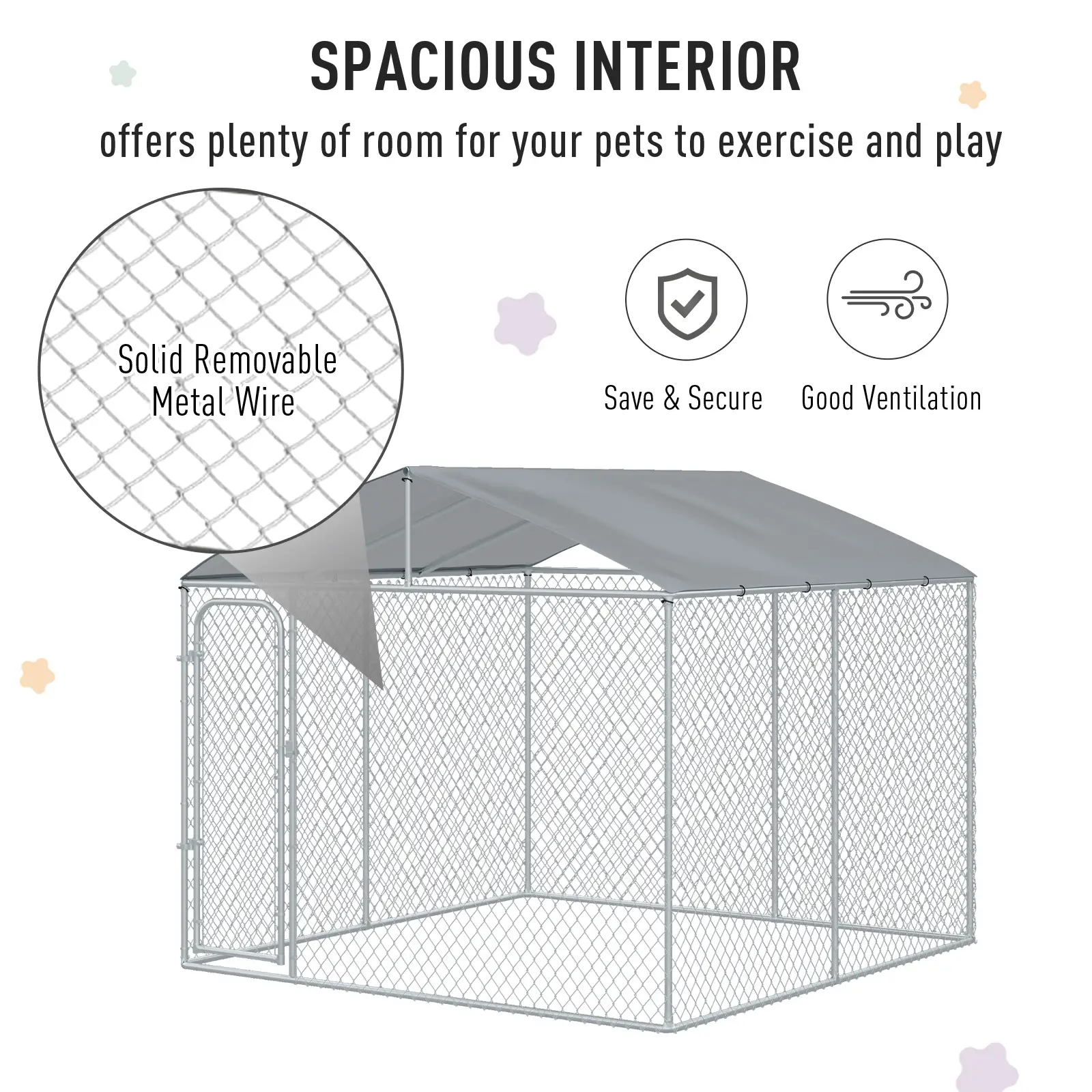 Outdoor Dog Kennel With Roof, Steel Lock, Mesh Sidewalls, 9.8' x 9.8' x 7.7' - Image 4