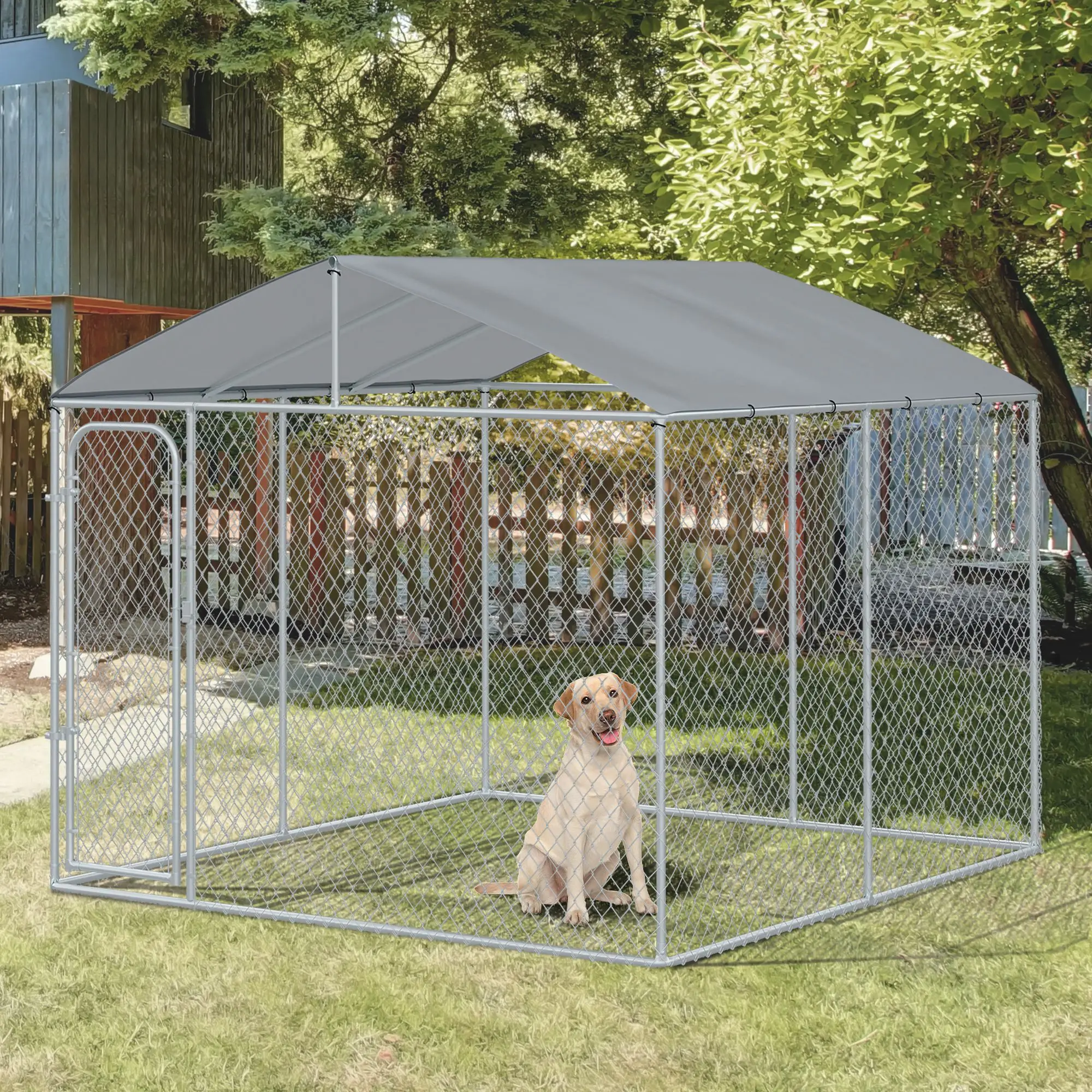 Outdoor Dog Kennel With Roof, Steel Lock, Mesh Sidewalls, 9.8' x 9.8' x 7.7' - Image 8