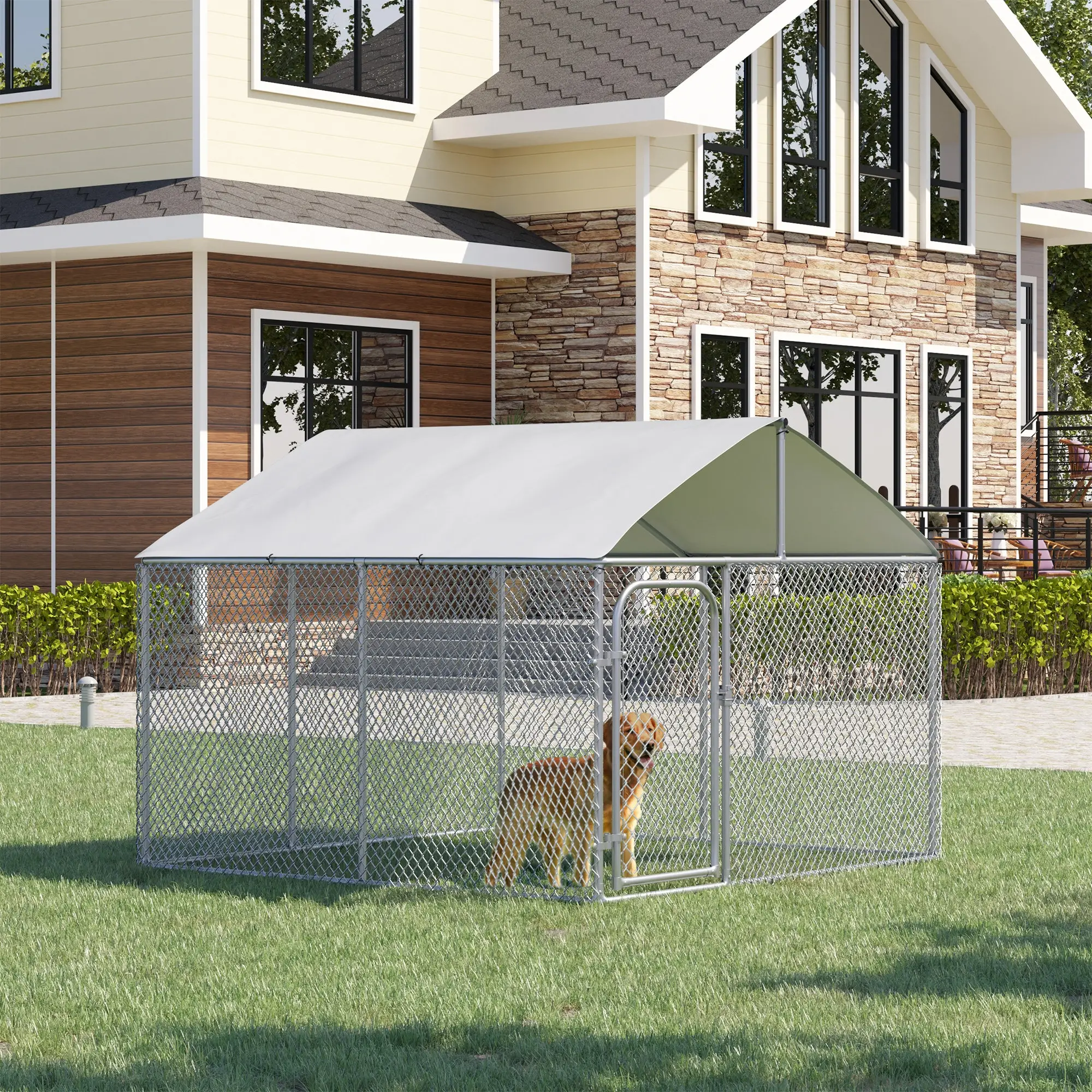 Outdoor Dog Kennel With Roof, Waterproof UV-Resistant Cover, Secure Lock, 7.5' x 7.5' x 5.7' - Image 2