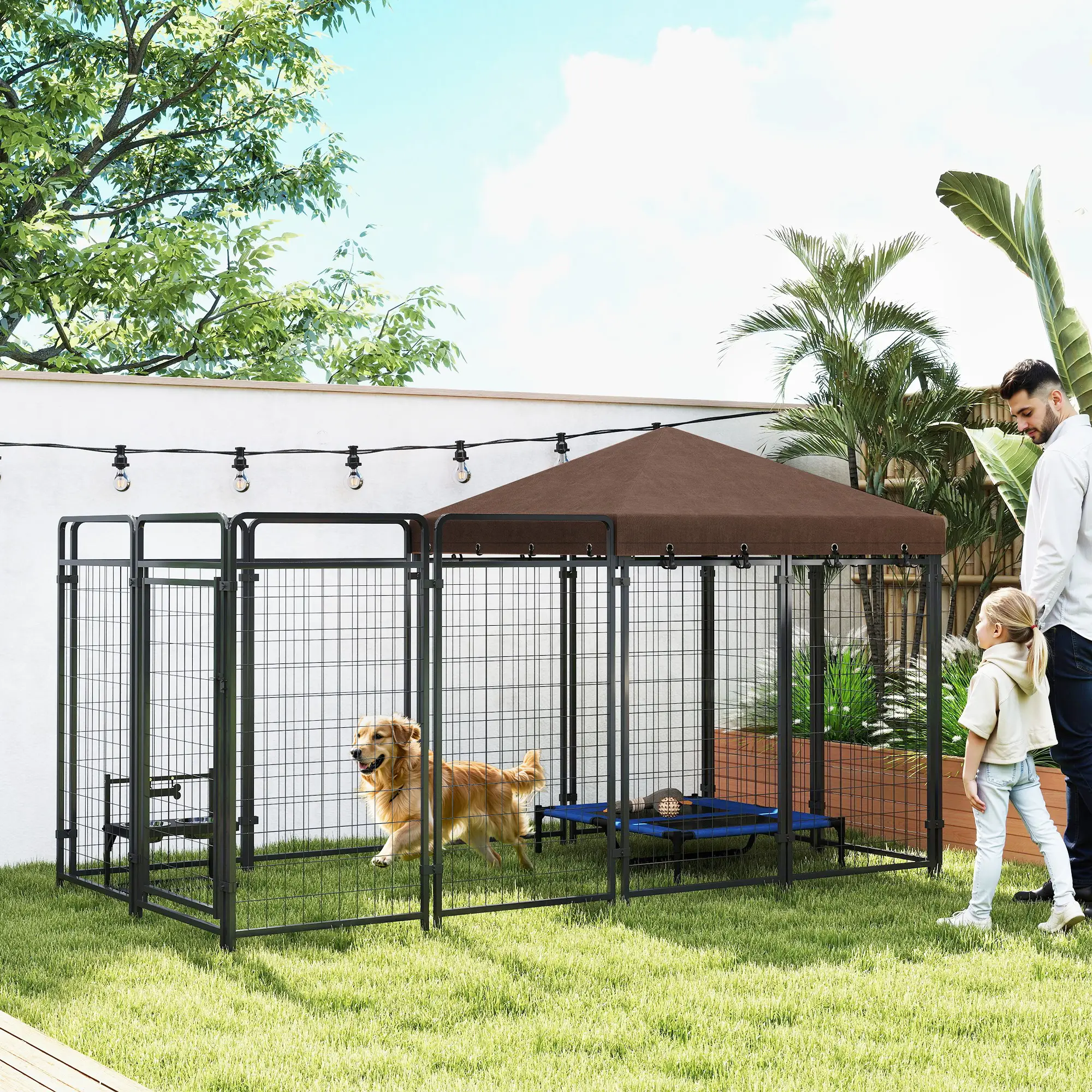 Outdoor Dog Kennel with Waterproof Canopy, Galvanized Chain Link Run, Black - Image 2