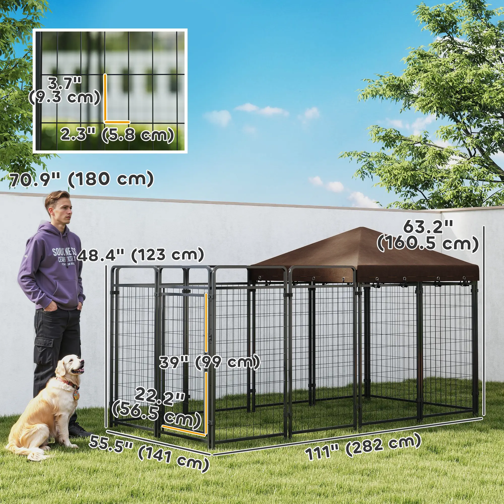 Outdoor Dog Kennel with Waterproof Canopy, Galvanized Chain Link Run, Black - Image 3