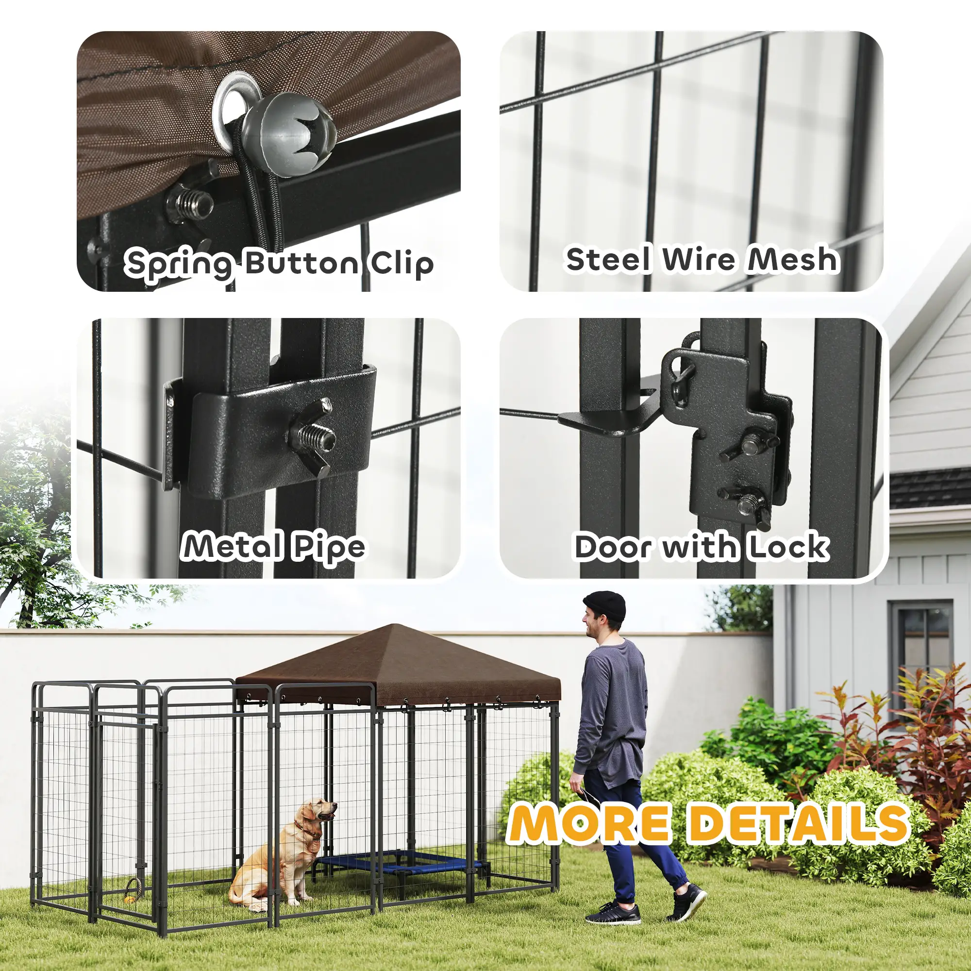 Outdoor Dog Kennel with Waterproof Canopy, Galvanized Chain Link Run, Black - Image 7
