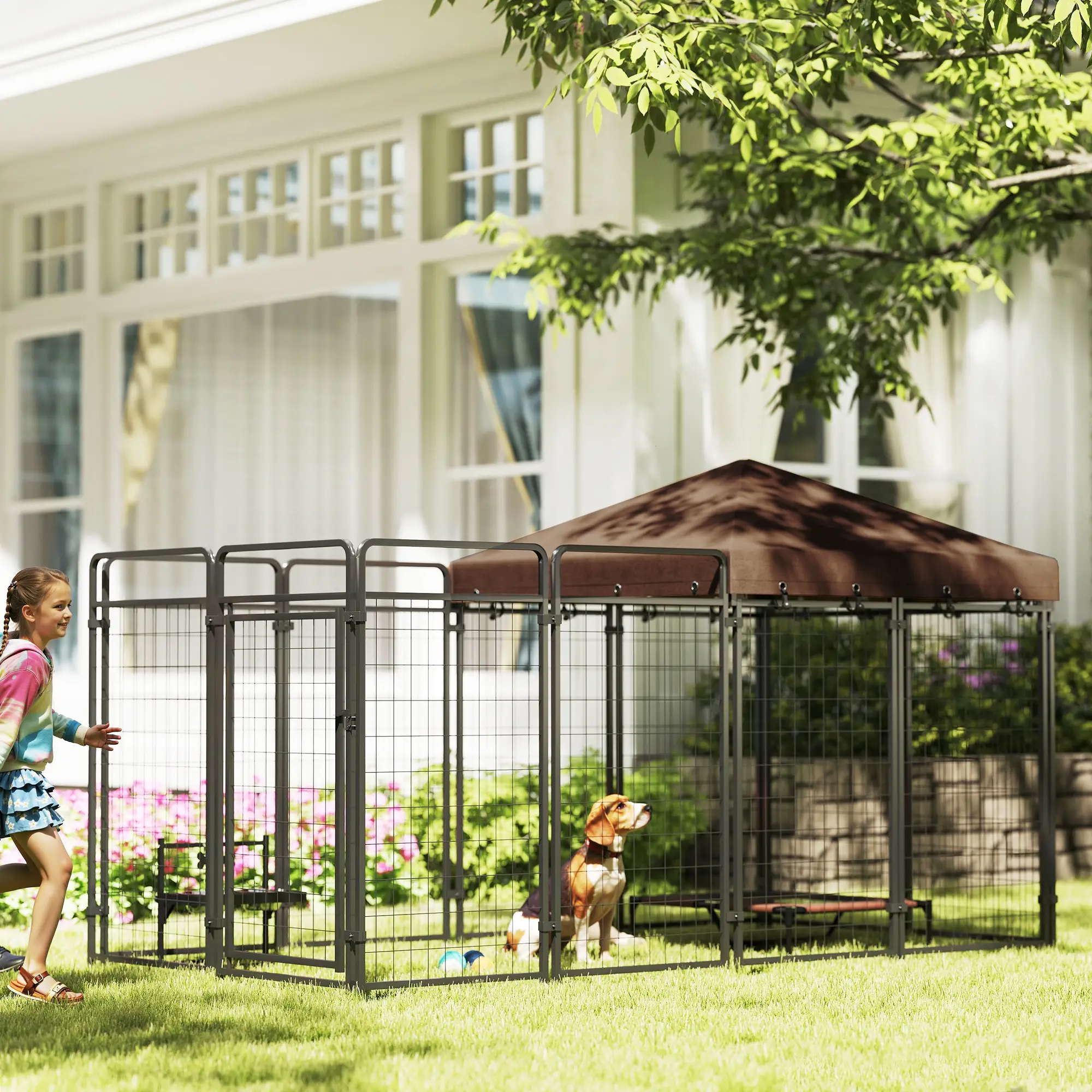 Outdoor Dog Kennel with Waterproof Canopy, Galvanized Chain Link Run, Black - Image 8