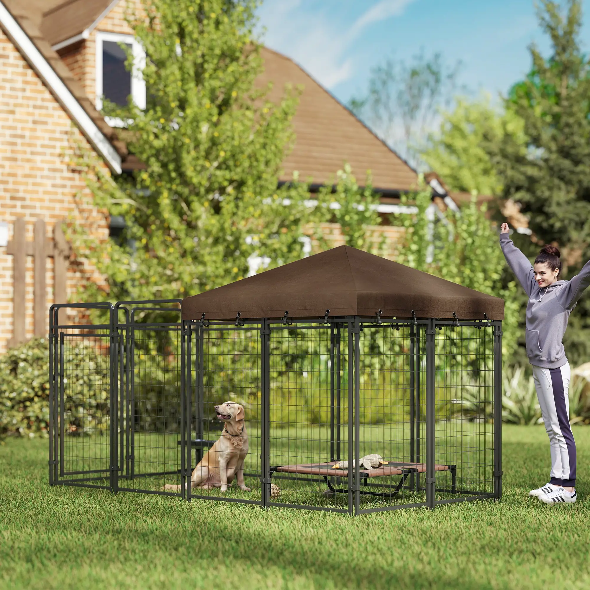 Outdoor Dog Kennel with Waterproof Canopy, Galvanized Chain Link Run, Black - Image 9