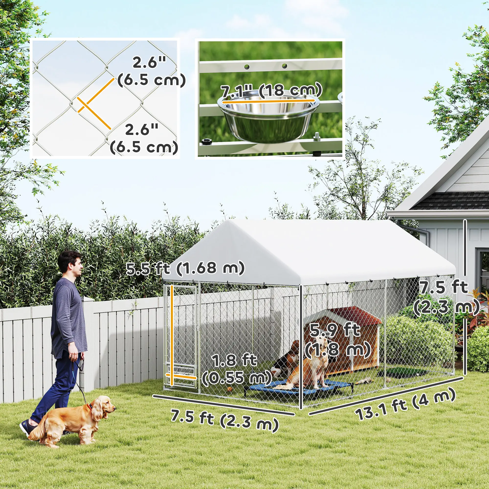 Outdoor Dog Run, Adjustable Bowls, Waterproof Cover, Escape-Proof Lock, 13.1' x 7.5' x 7.5' - Image 3