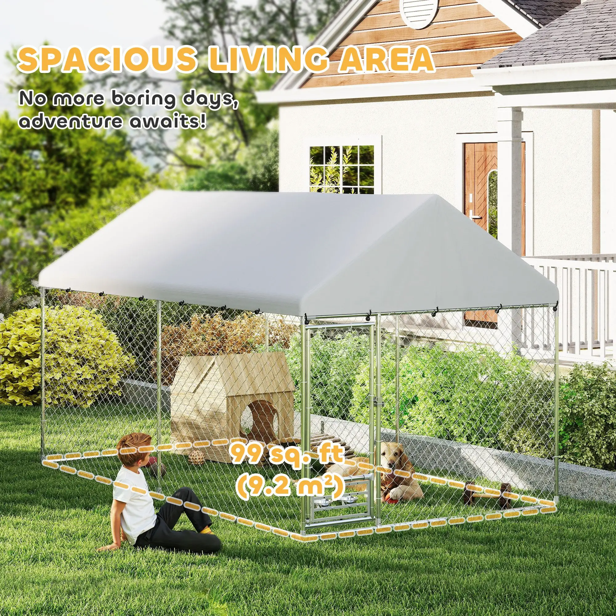 Outdoor Dog Run, Adjustable Bowls, Waterproof Cover, Escape-Proof Lock, 13.1' x 7.5' x 7.5' - Image 4