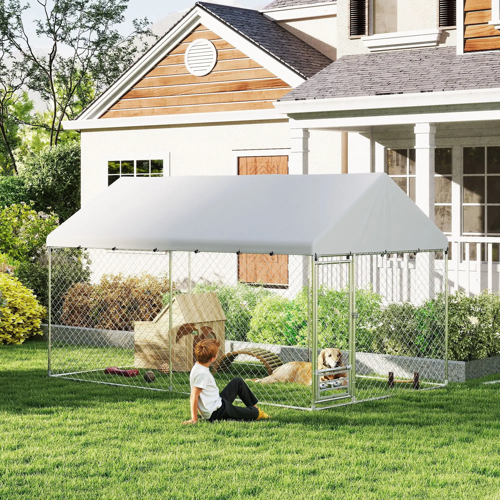 Outdoor Dog Run, Adjustable Bowls, Waterproof Cover, Escape-Proof Lock, 13.1' x 7.5' x 7.5' - Image 8