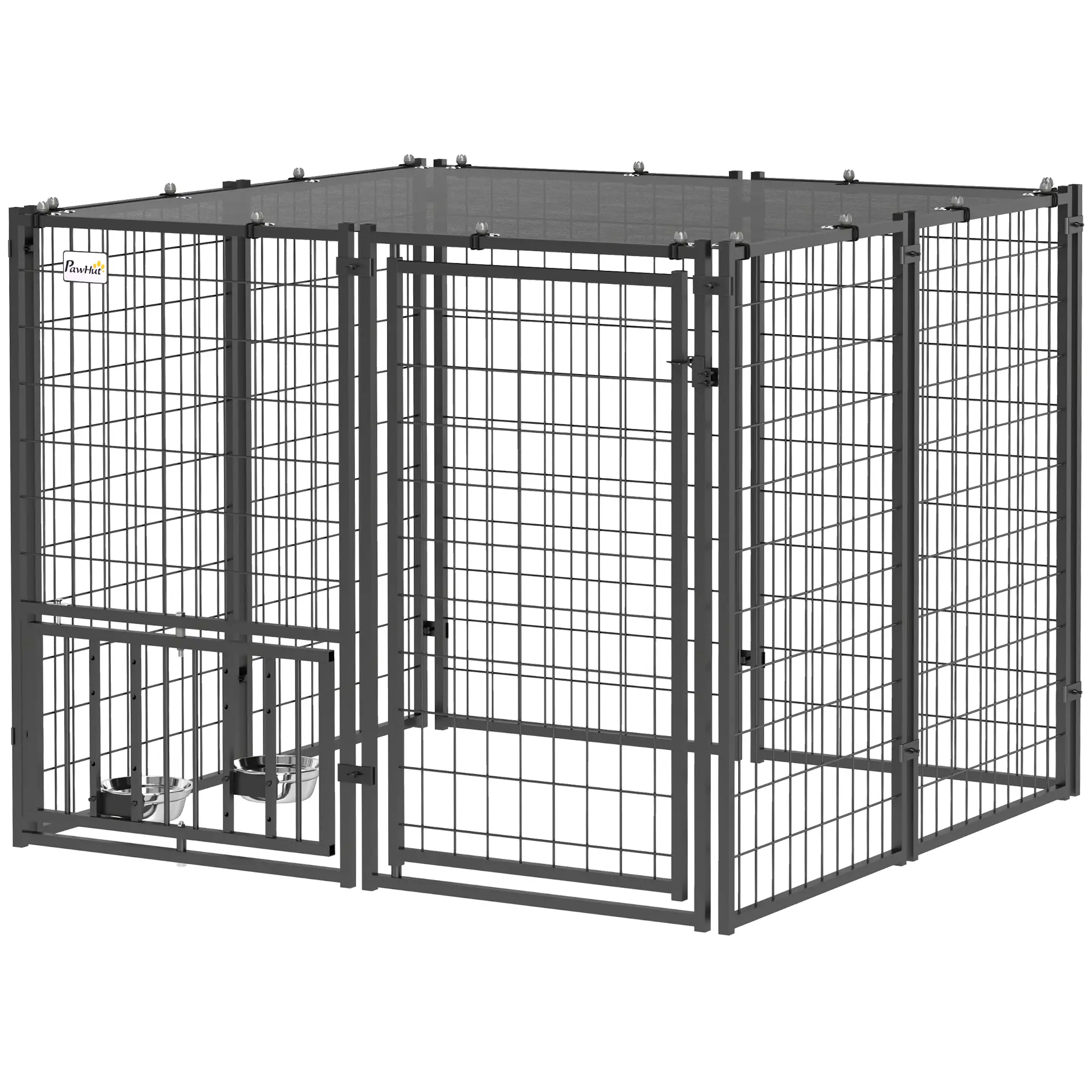 Outdoor Dog Run, Adjustable Rotatable Bowls, Sun-Shade Cover, 4.6' x 4.6' x 3.7'