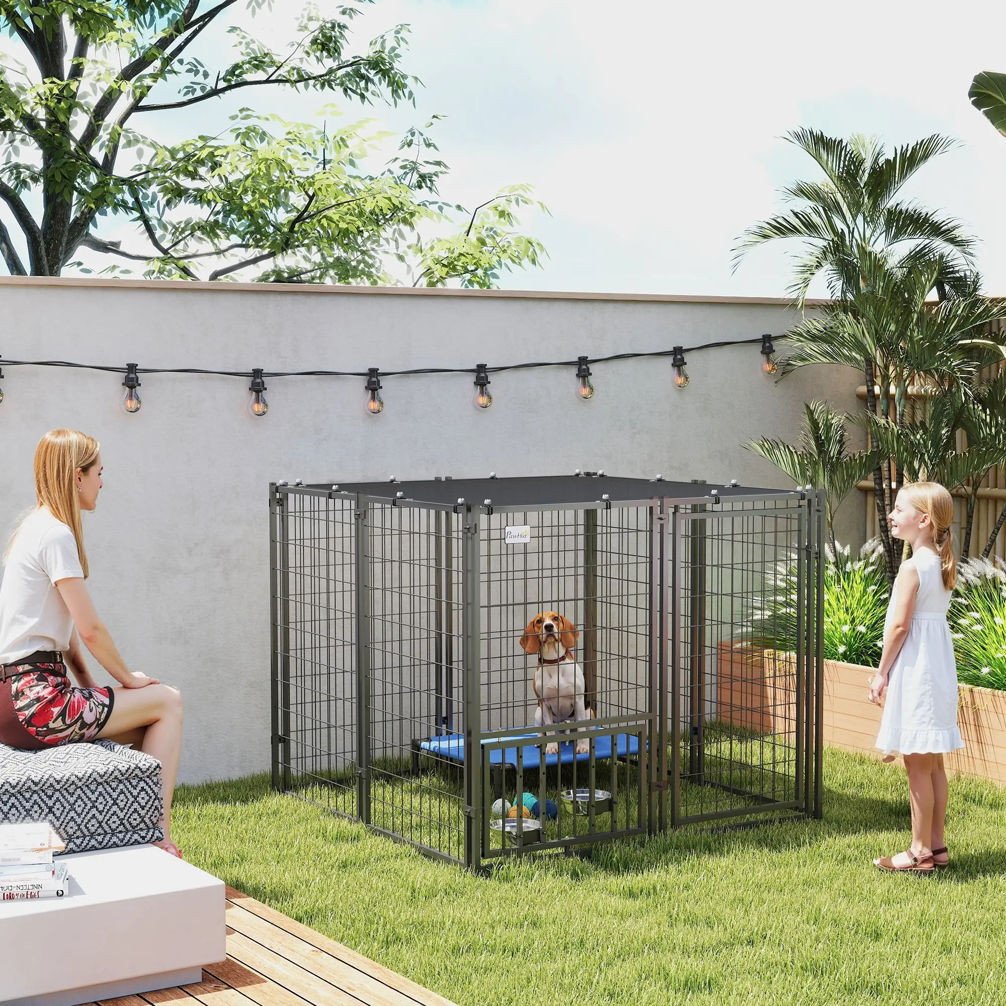 Outdoor Dog Run, Adjustable Rotatable Bowls, Sun-Shade Cover, 4.6' x 4.6' x 3.7' - Image 2