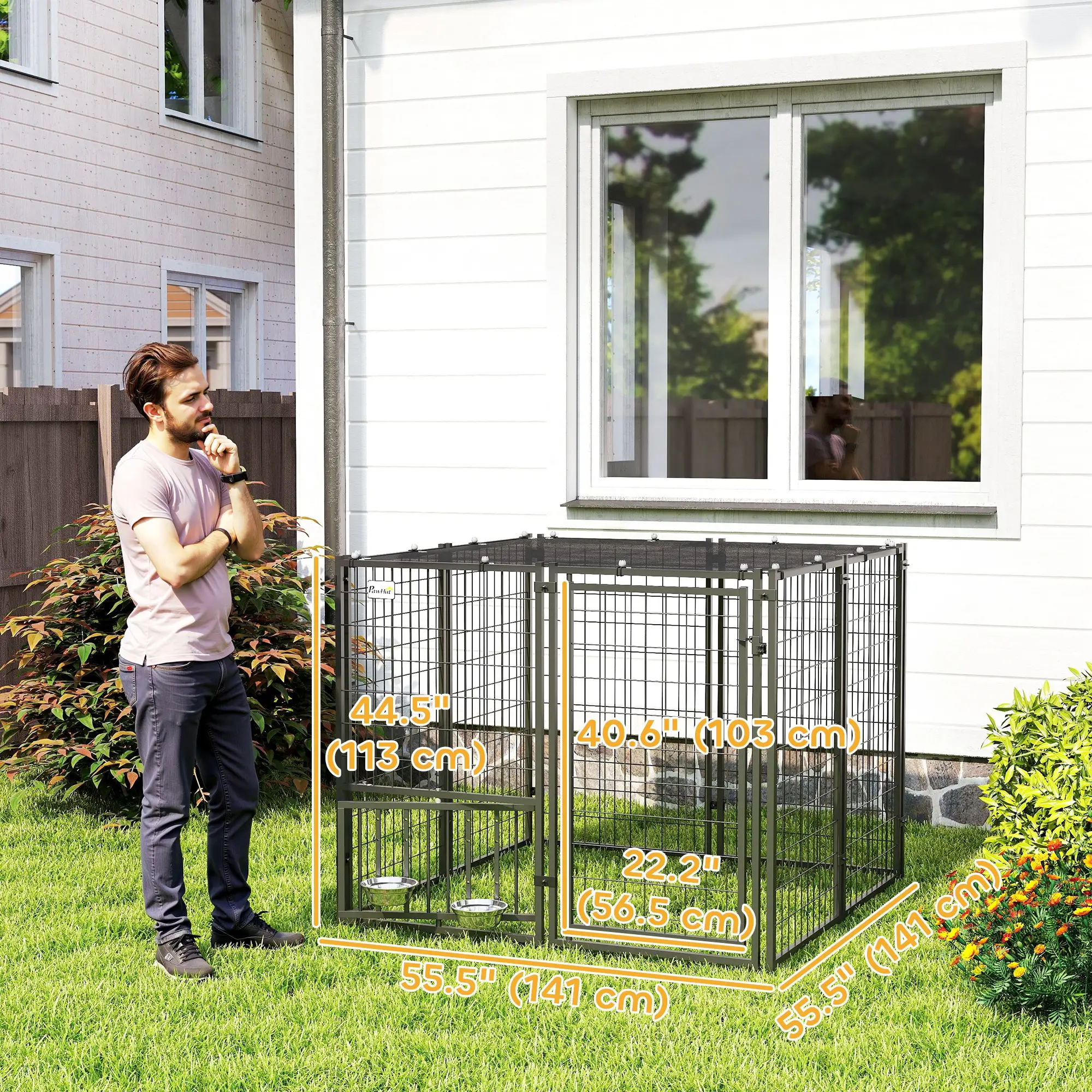 Outdoor Dog Run, Adjustable Rotatable Bowls, Sun-Shade Cover, 4.6' x 4.6' x 3.7' - Image 3