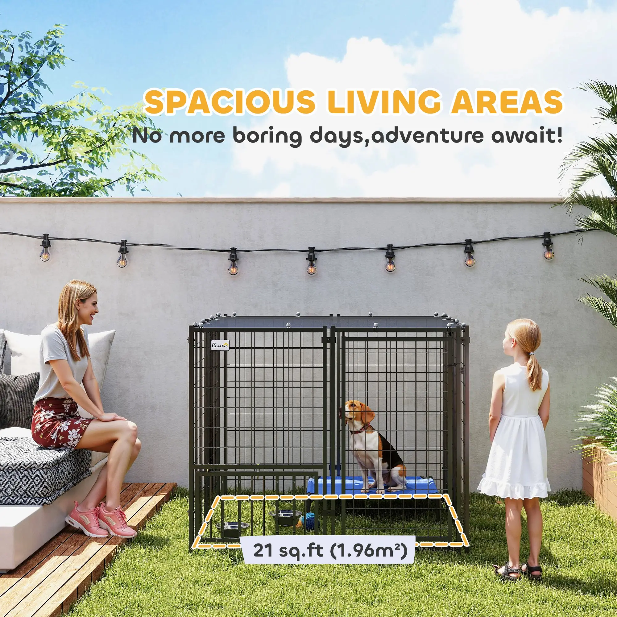 Outdoor Dog Run, Adjustable Rotatable Bowls, Sun-Shade Cover, 4.6' x 4.6' x 3.7' - Image 4