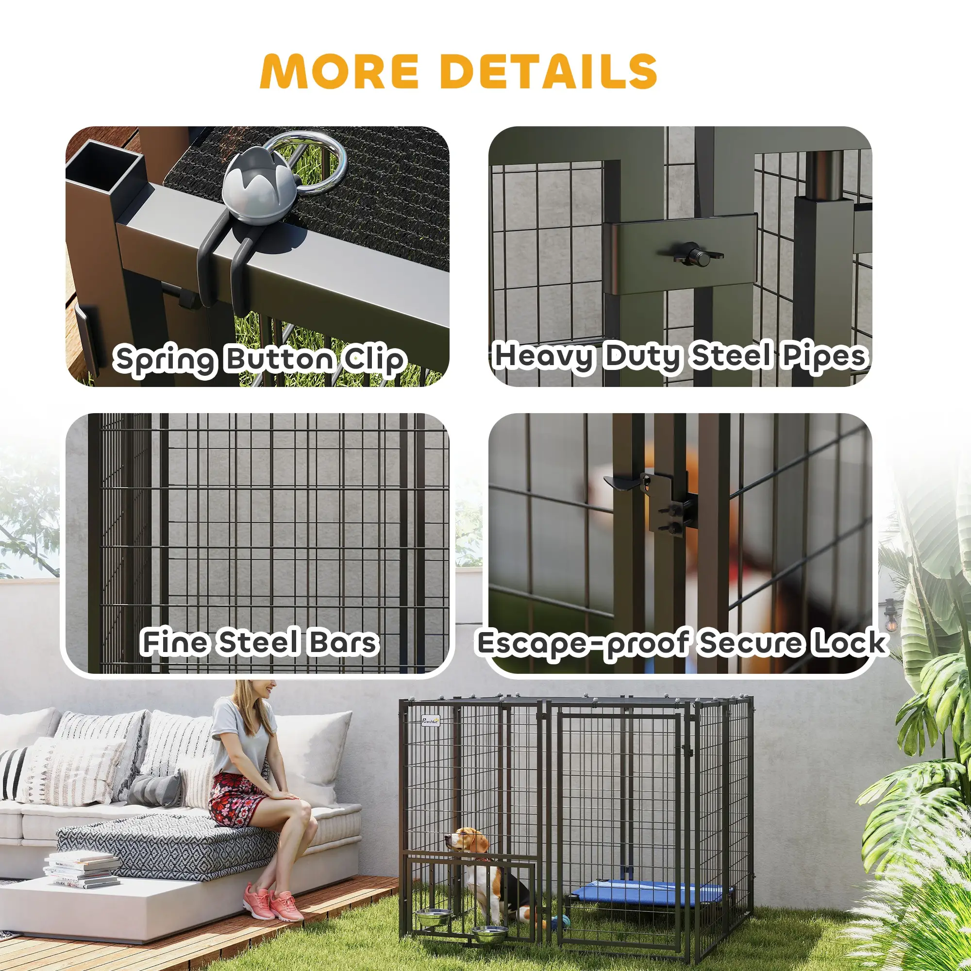 Outdoor Dog Run, Adjustable Rotatable Bowls, Sun-Shade Cover, 4.6' x 4.6' x 3.7' - Image 7