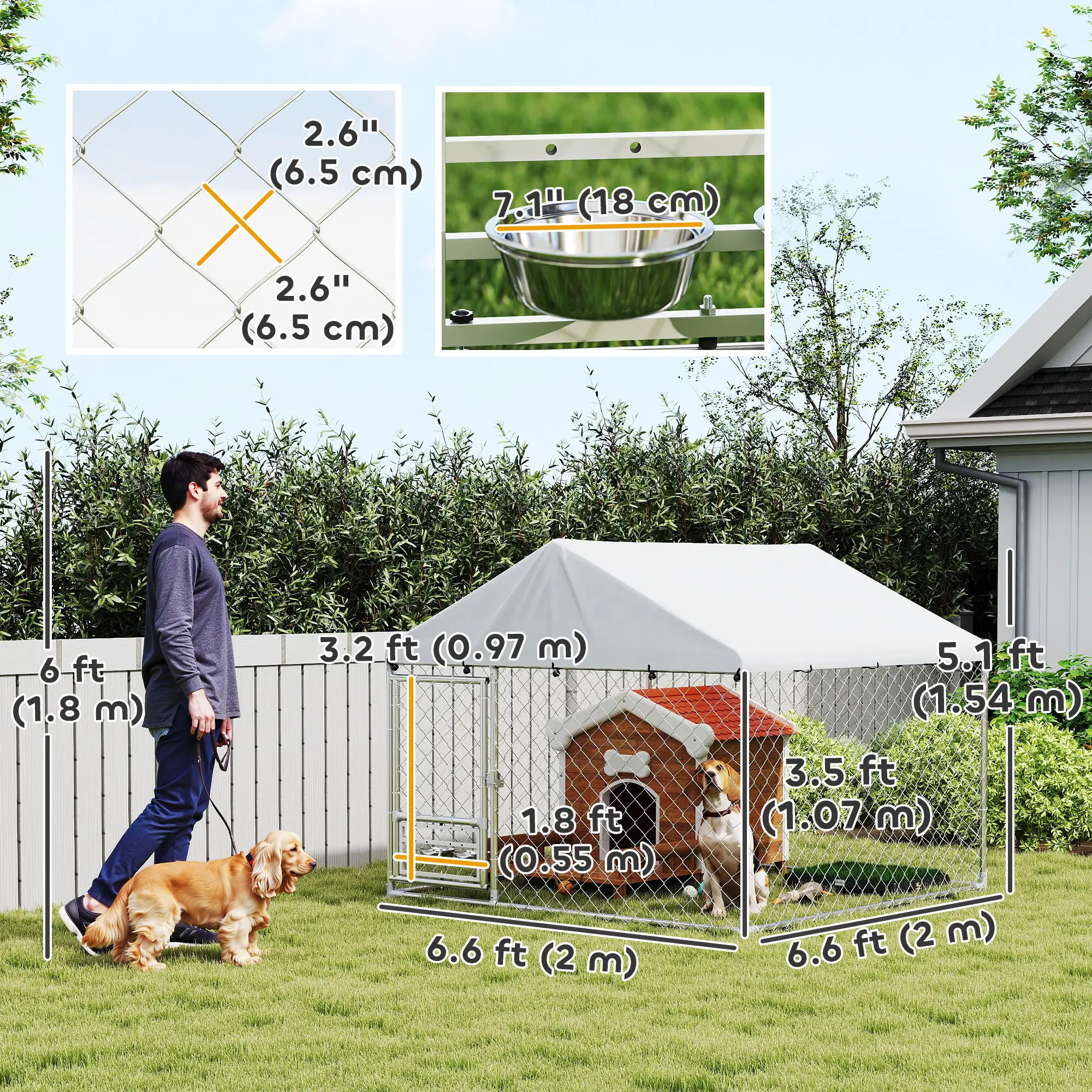 Outdoor Dog Run, Adjustable Rotating Bowls, Waterproof Cover, 6.6' x 6.6' x 5.1' - Image 3