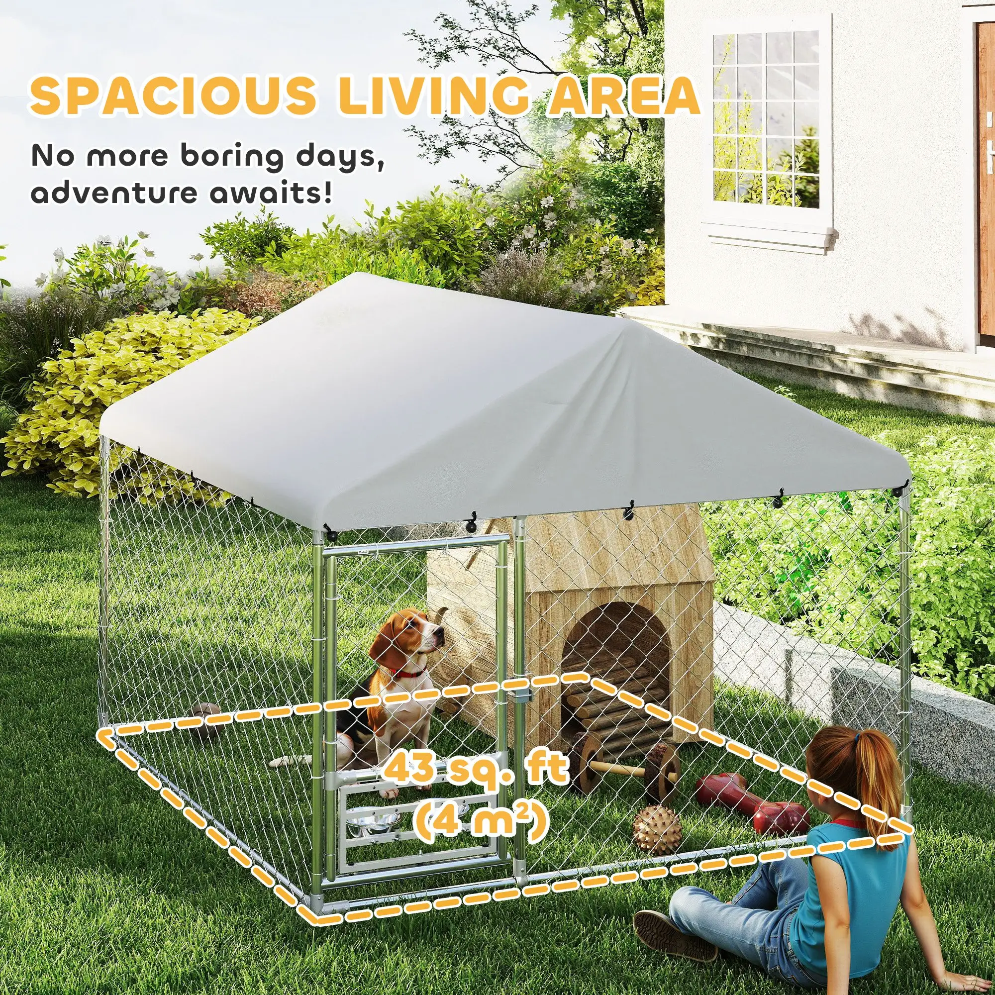Outdoor Dog Run, Adjustable Rotating Bowls, Waterproof Cover, 6.6' x 6.6' x 5.1' - Image 4
