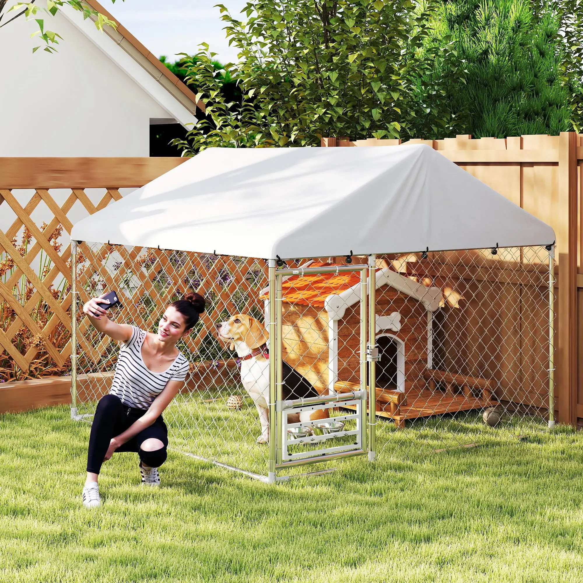 Outdoor Dog Run, Adjustable Rotating Bowls, Waterproof Cover, 6.6' x 6.6' x 5.1' - Image 8