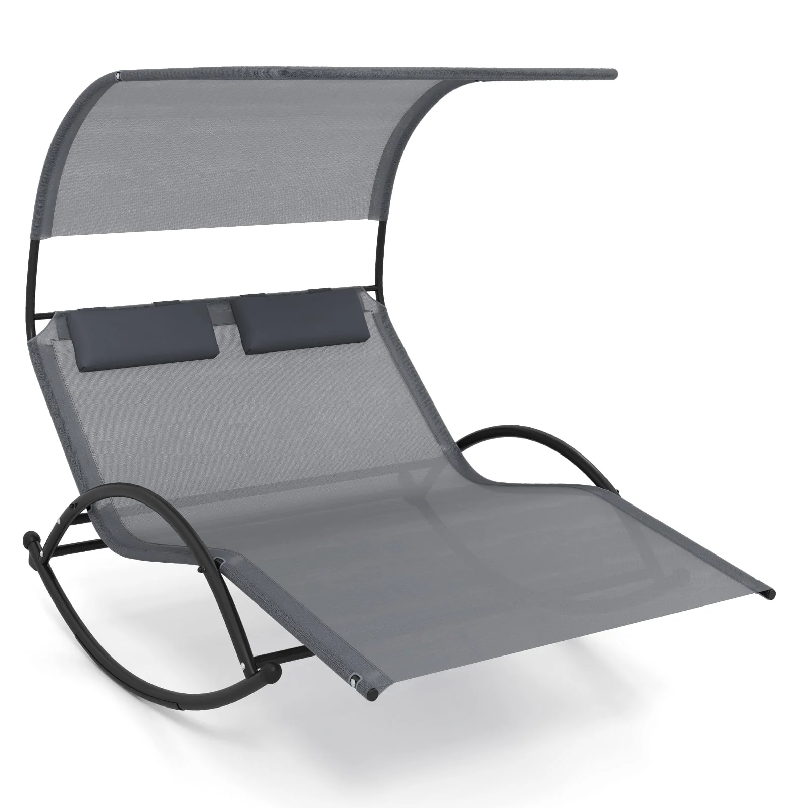 Outdoor Dual Rocker Sunbed, 2-Person Canopied Patio Lounger, Gray