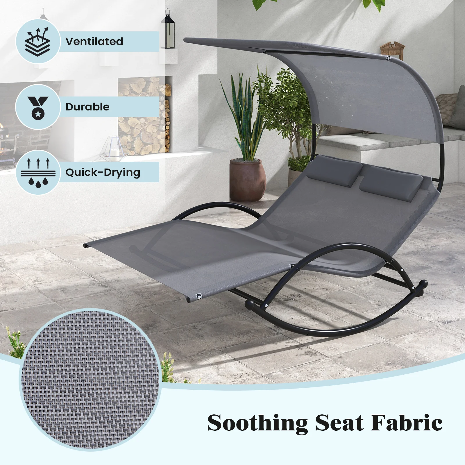 Outdoor Dual Rocker Sunbed, 2-Person Canopied Patio Lounger, Gray - Image 10