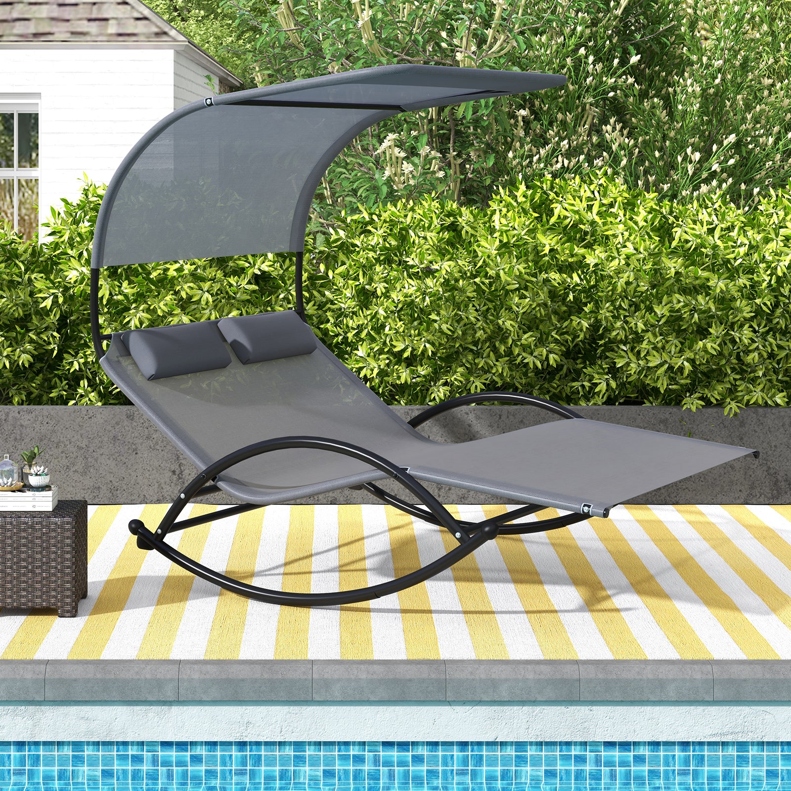 Outdoor Dual Rocker Sunbed, 2-Person Canopied Patio Lounger, Gray - Image 2