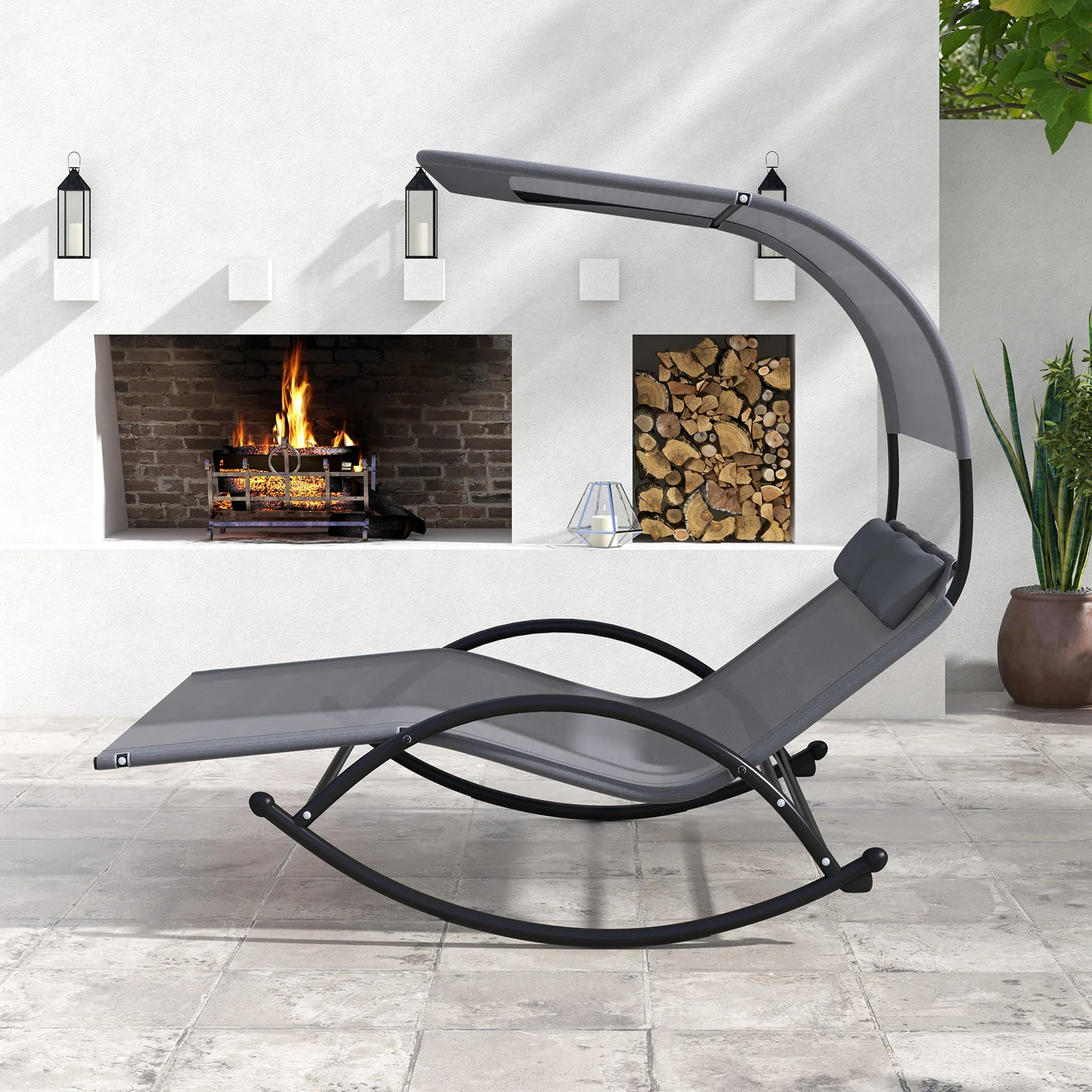 Outdoor Dual Rocker Sunbed, 2-Person Canopied Patio Lounger, Gray - Image 3