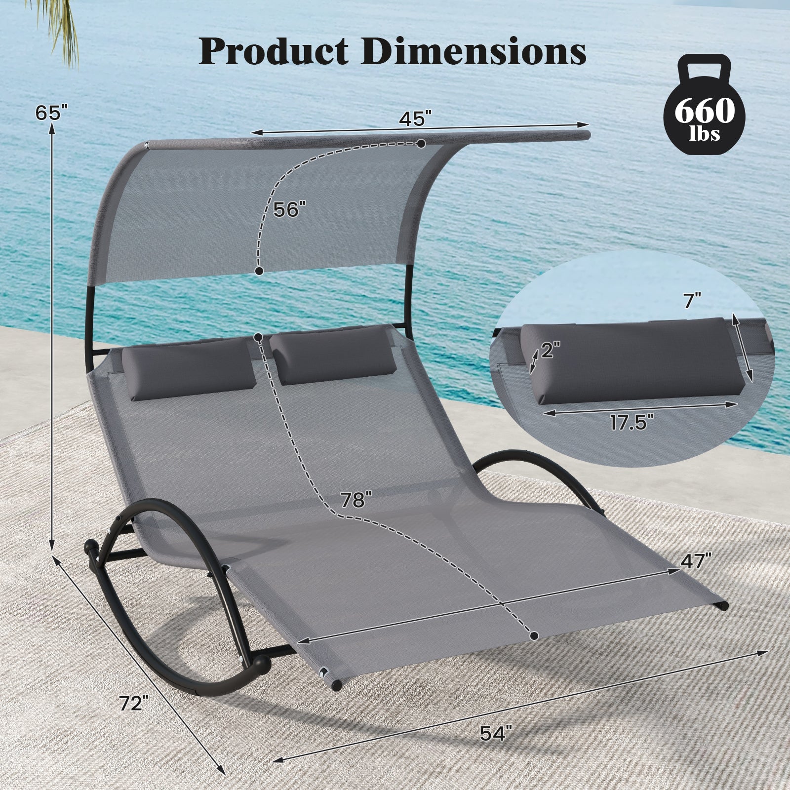 Outdoor Dual Rocker Sunbed, 2-Person Canopied Patio Lounger, Gray - Image 5