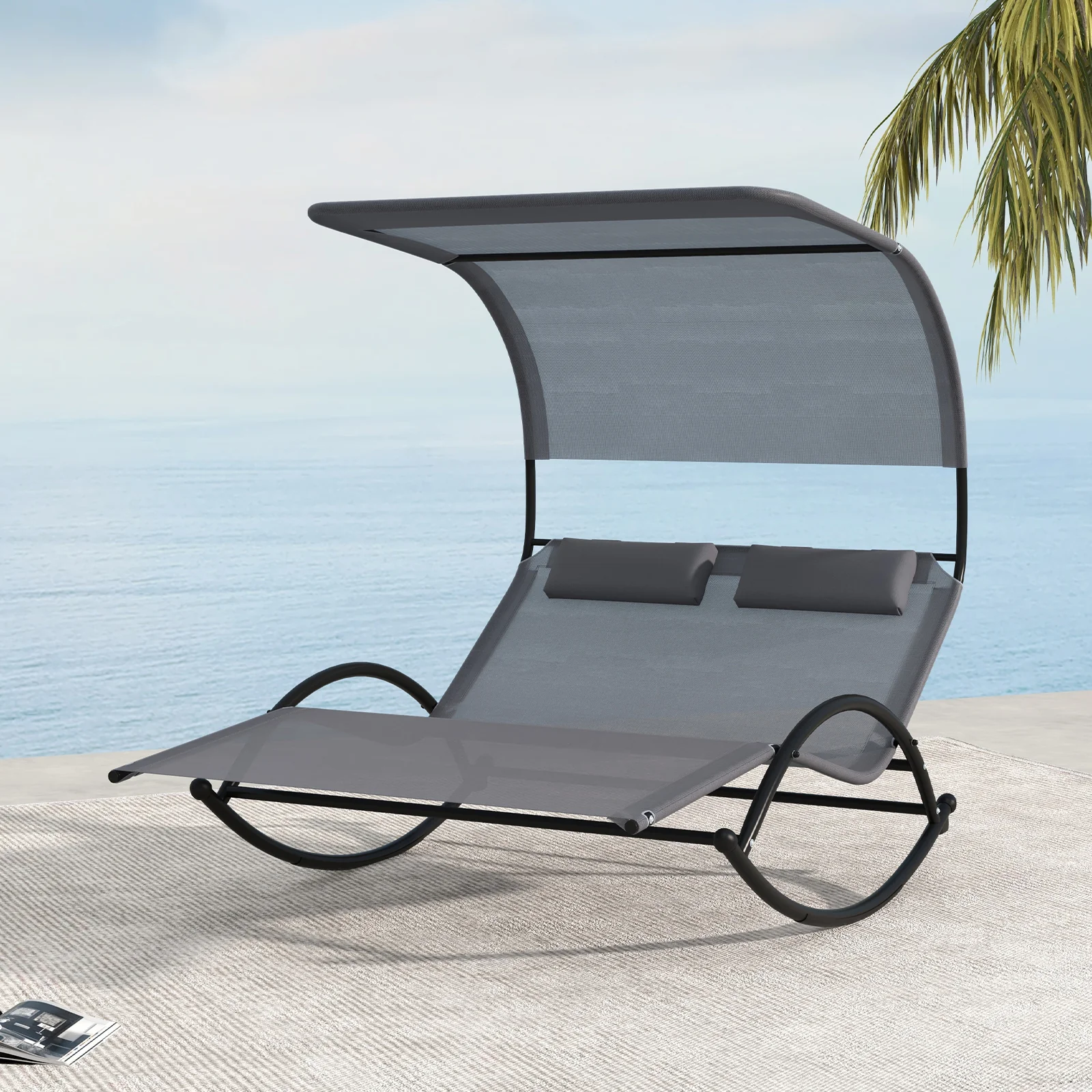 Outdoor Dual Rocker Sunbed, 2-Person Canopied Patio Lounger, Gray - Image 6