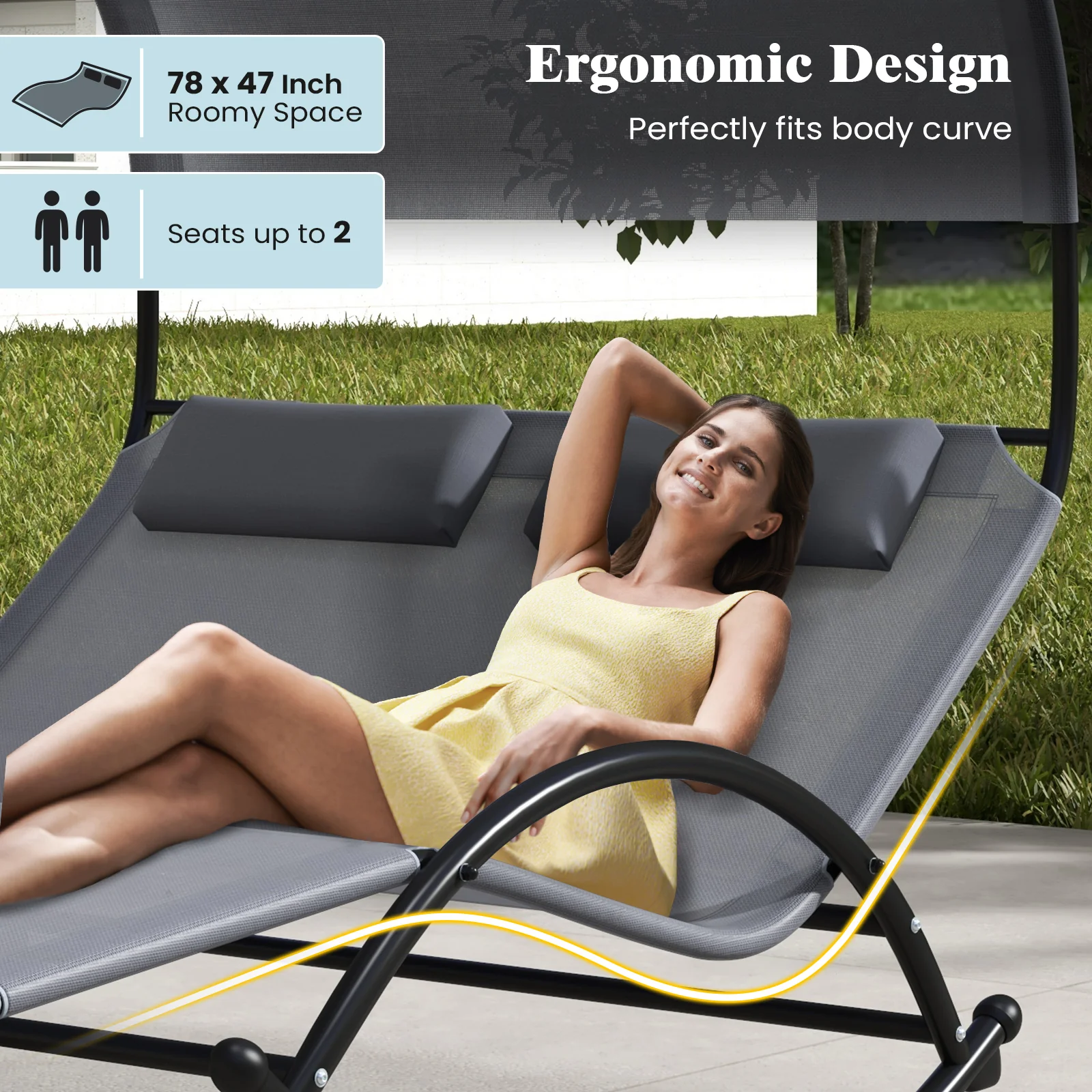 Outdoor Dual Rocker Sunbed, 2-Person Canopied Patio Lounger, Gray - Image 7