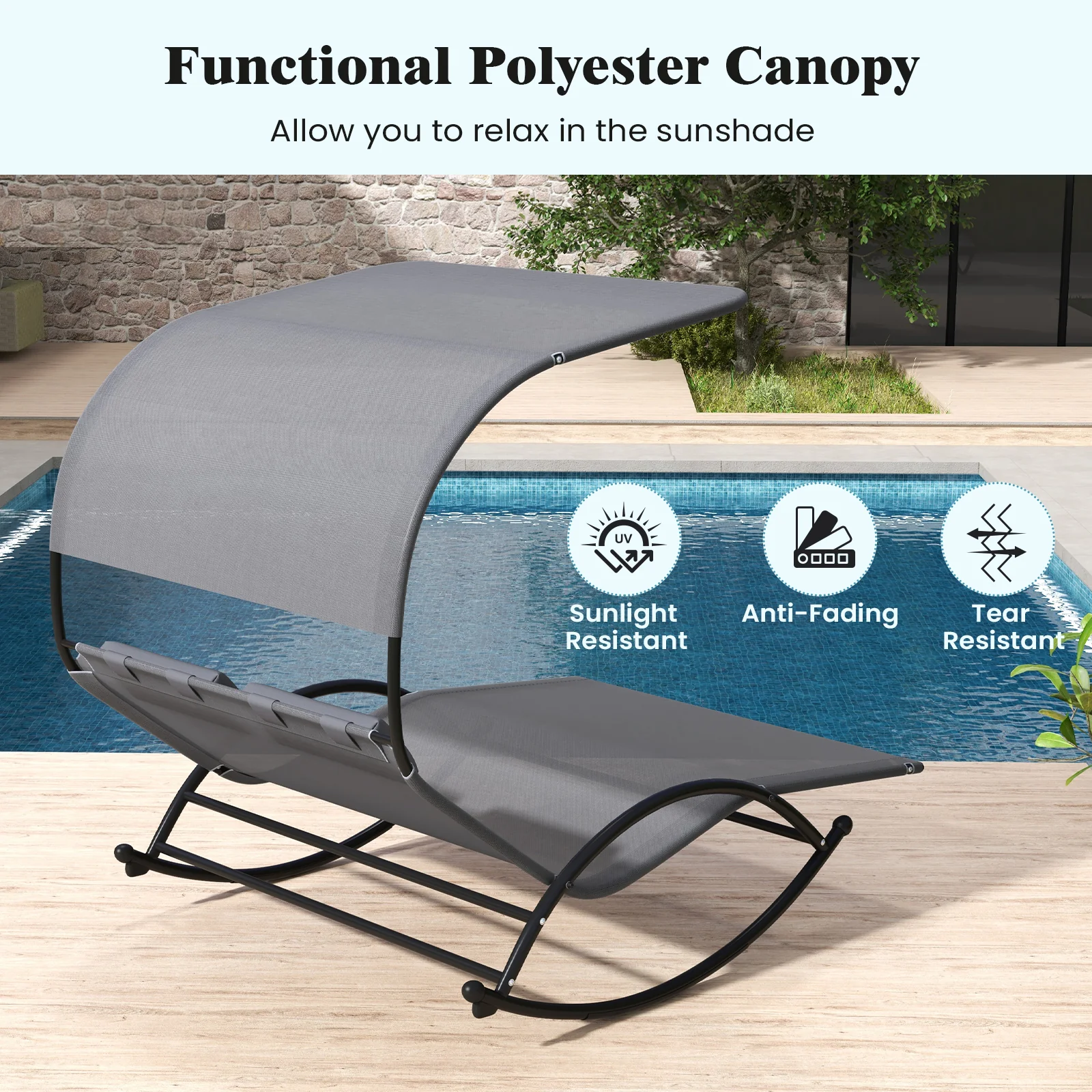 Outdoor Dual Rocker Sunbed, 2-Person Canopied Patio Lounger, Gray - Image 8