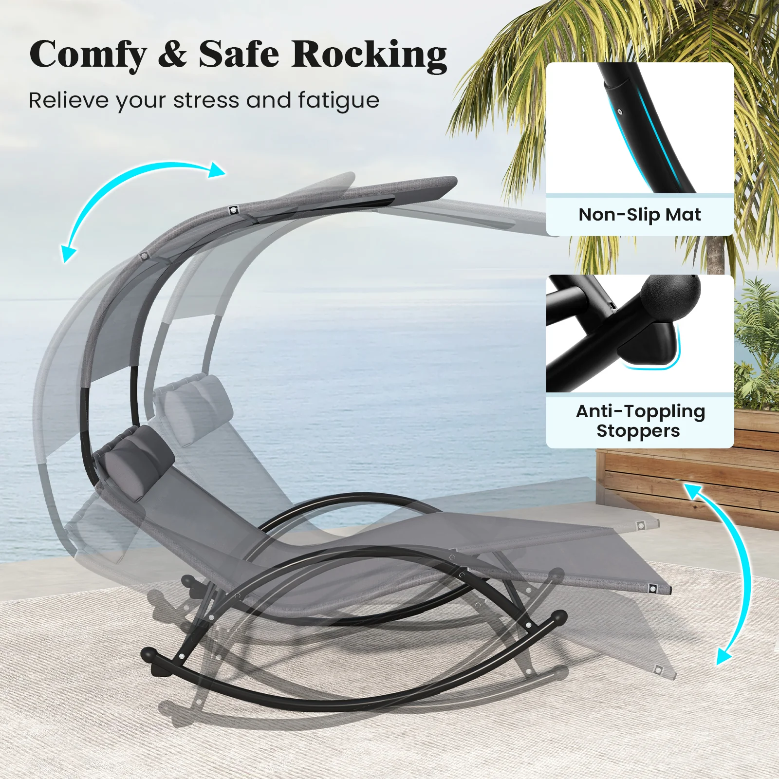 Outdoor Dual Rocker Sunbed, 2-Person Canopied Patio Lounger, Gray - Image 9