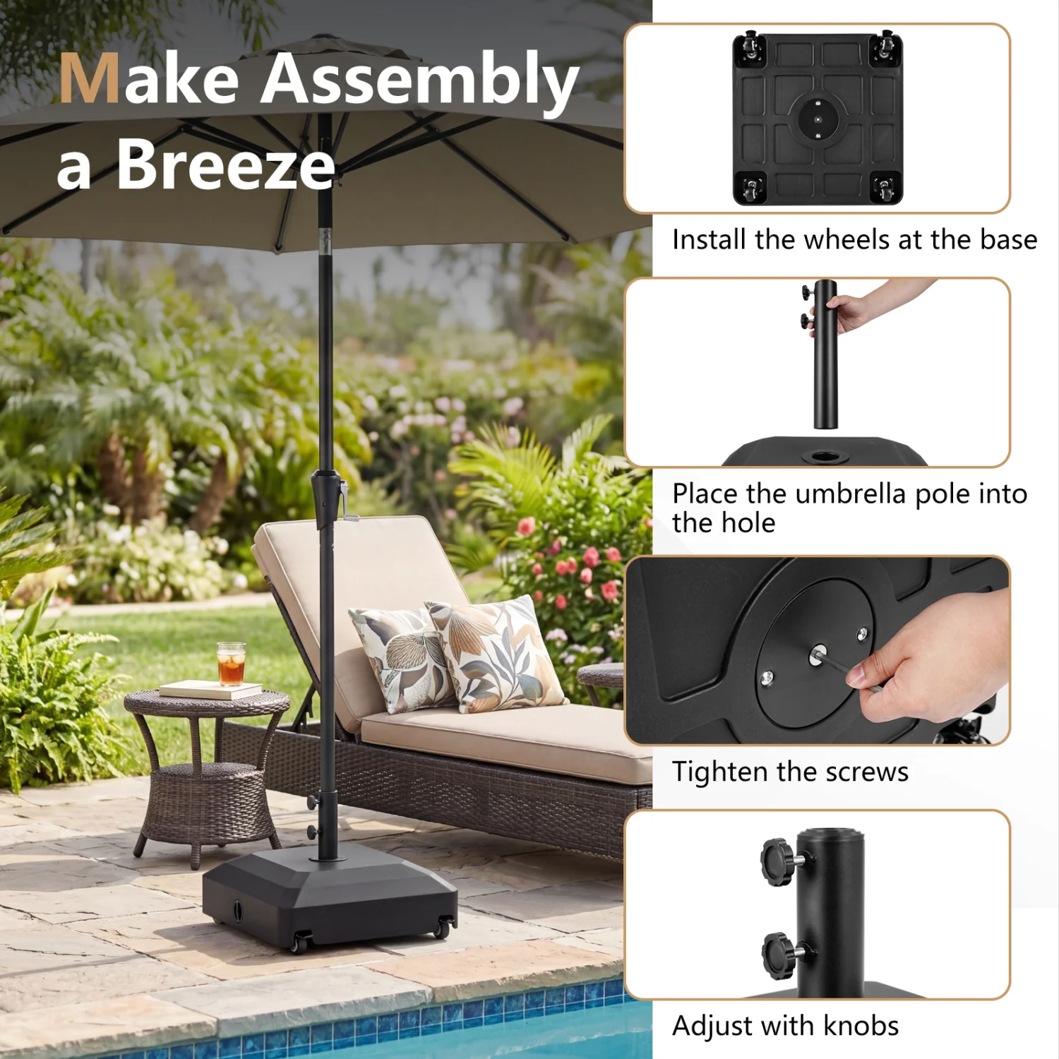 Outdoor Fillable Umbrella Base with Wheels Water Sand Weighted Umbrella Stand, Black - Image 9