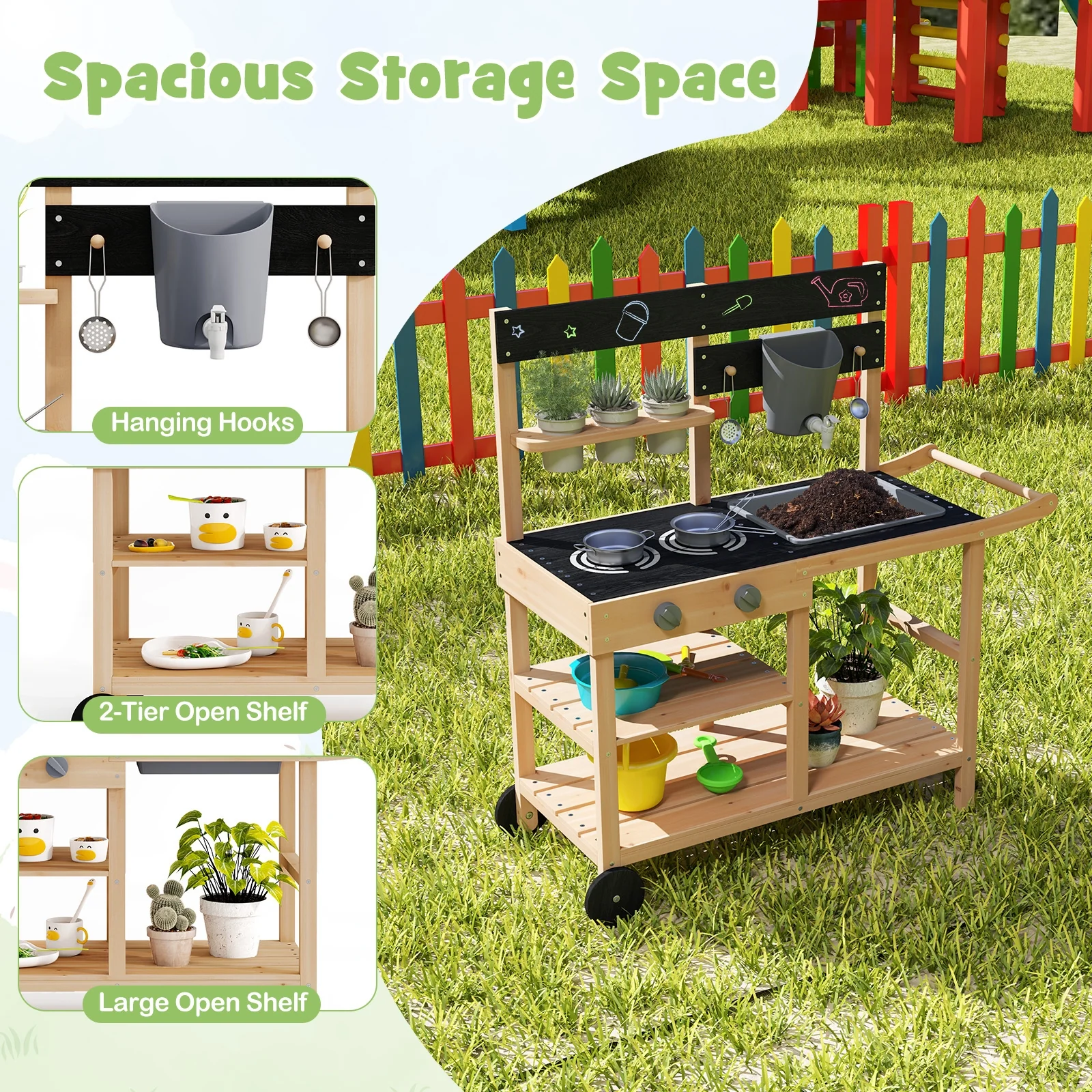 Outdoor Fir Wood Play Kitchen, Blackboard, Planting Pots, Natural - Image 10