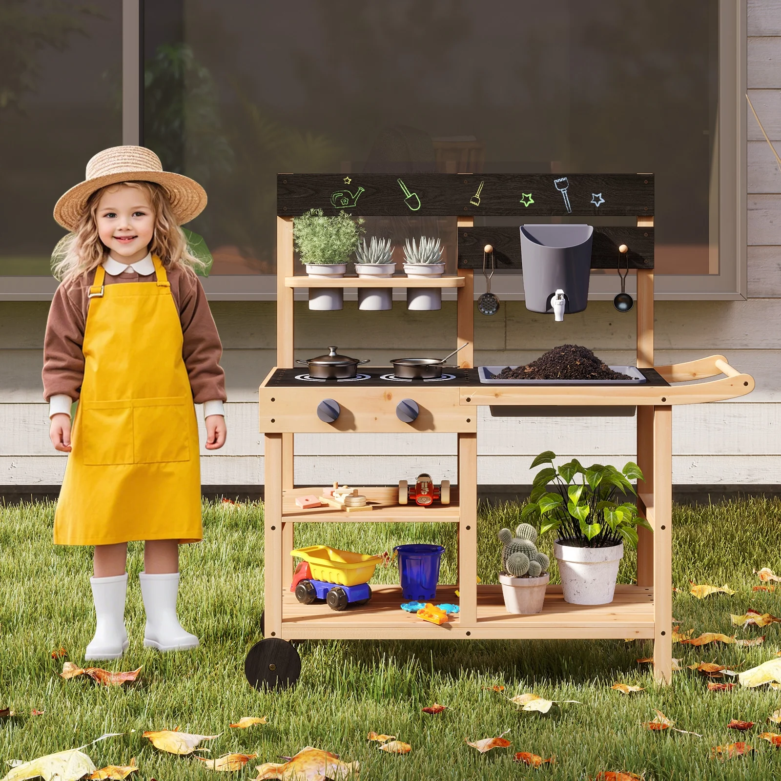 Outdoor Fir Wood Play Kitchen, Blackboard, Planting Pots, Natural - Image 2
