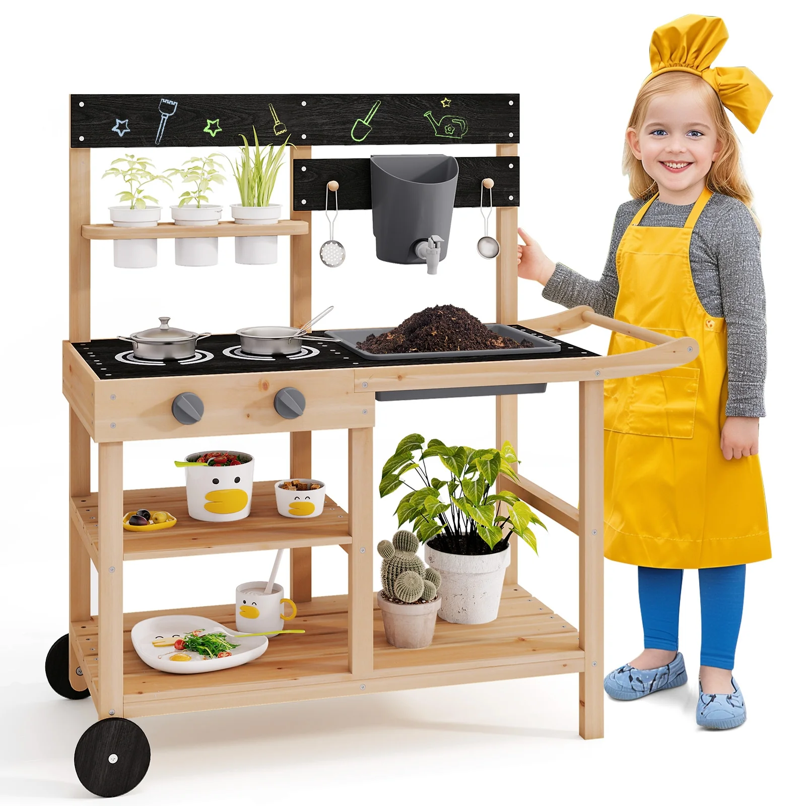 Outdoor Fir Wood Play Kitchen, Blackboard, Planting Pots, Natural - Image 3