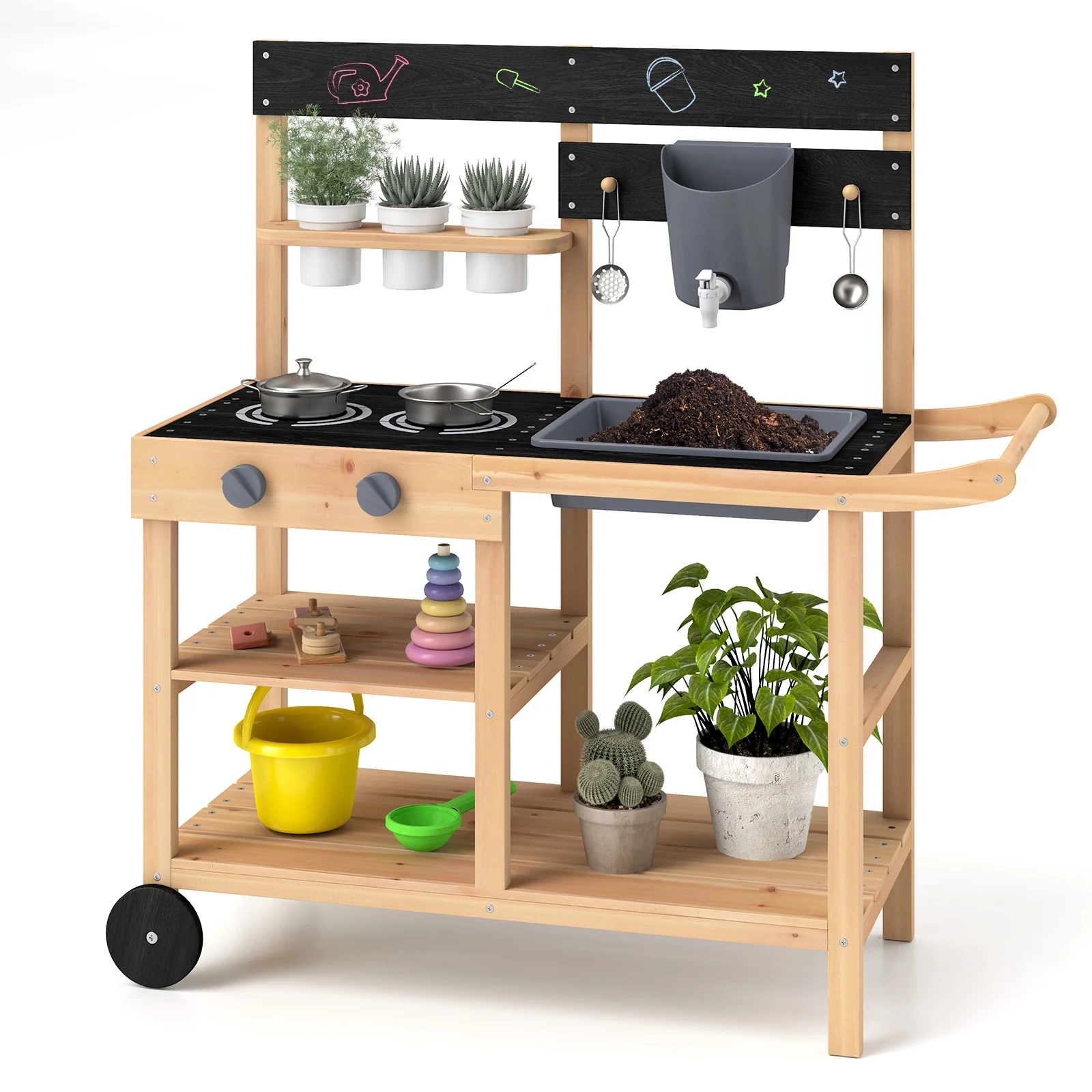 Outdoor Fir Wood Play Kitchen, Blackboard, Planting Pots, Natural - Image 4